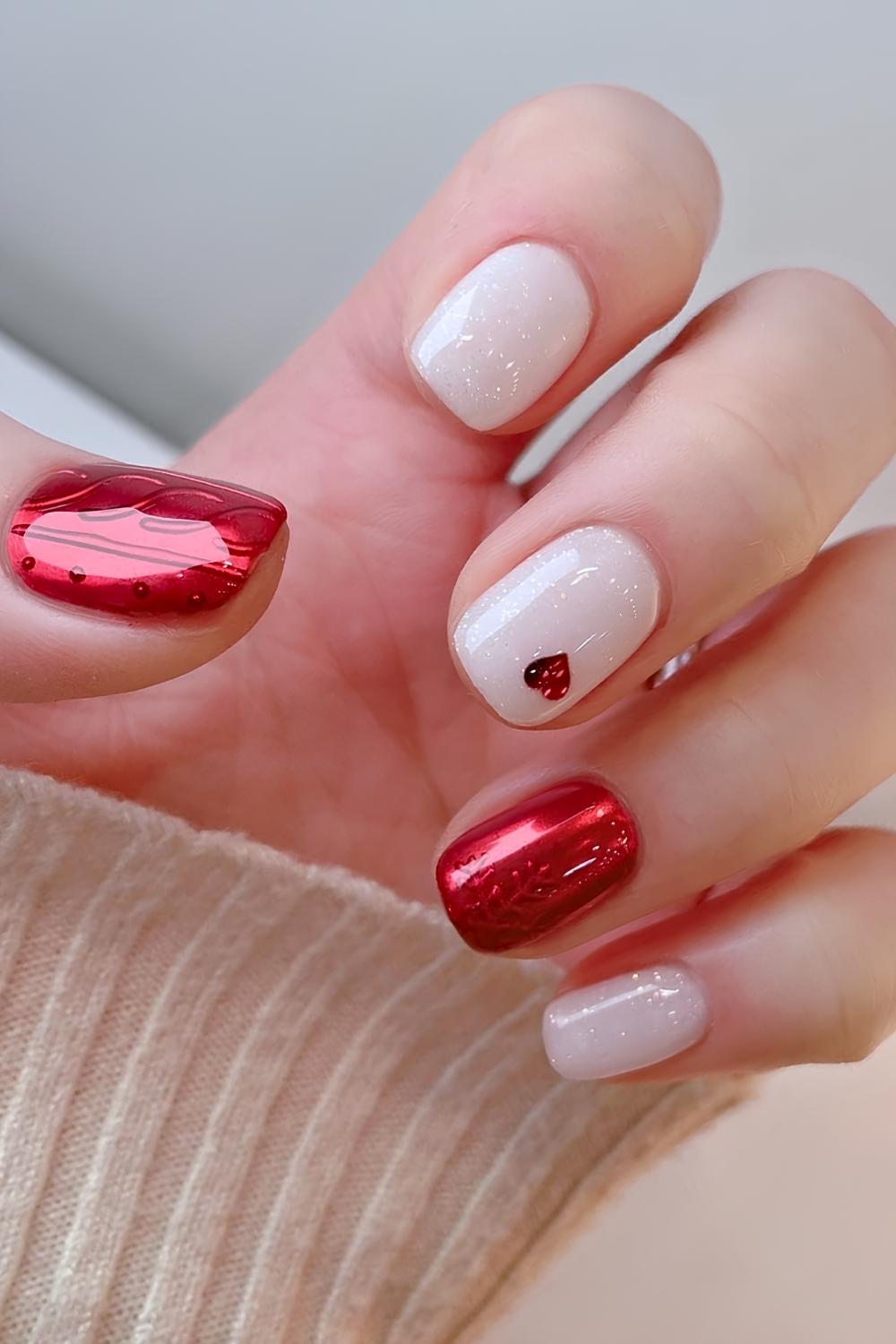 Red and white mani with hearts and sweater art
