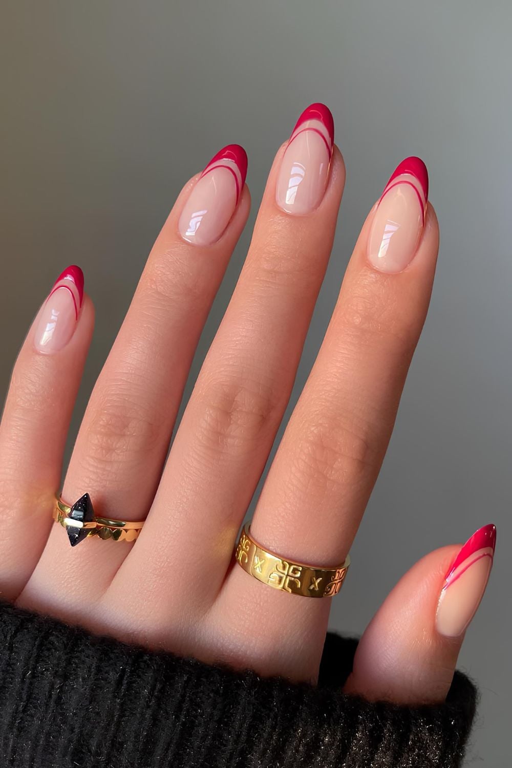 Red double French tip nails with glowy finish