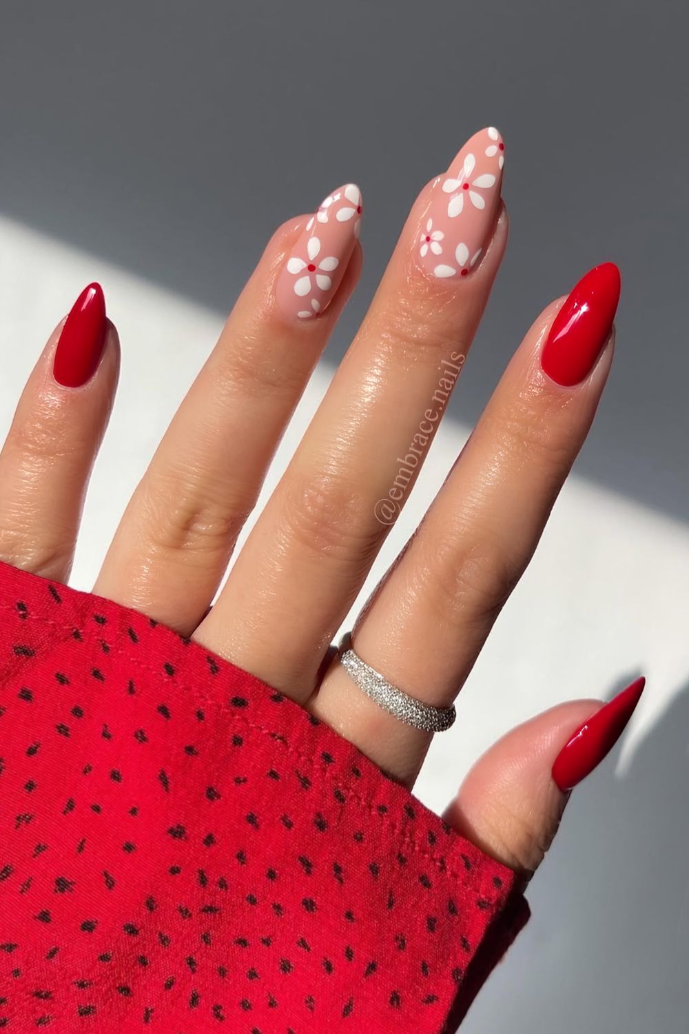 Red nails with white floral art