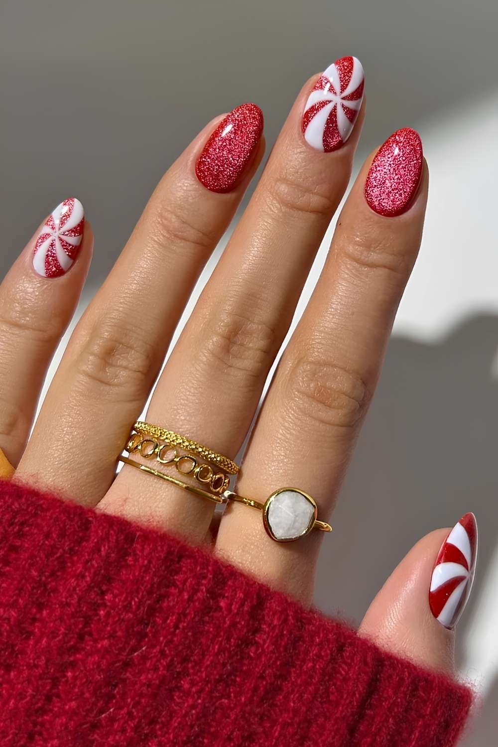 Red velvet mani with Christmas peppermint art