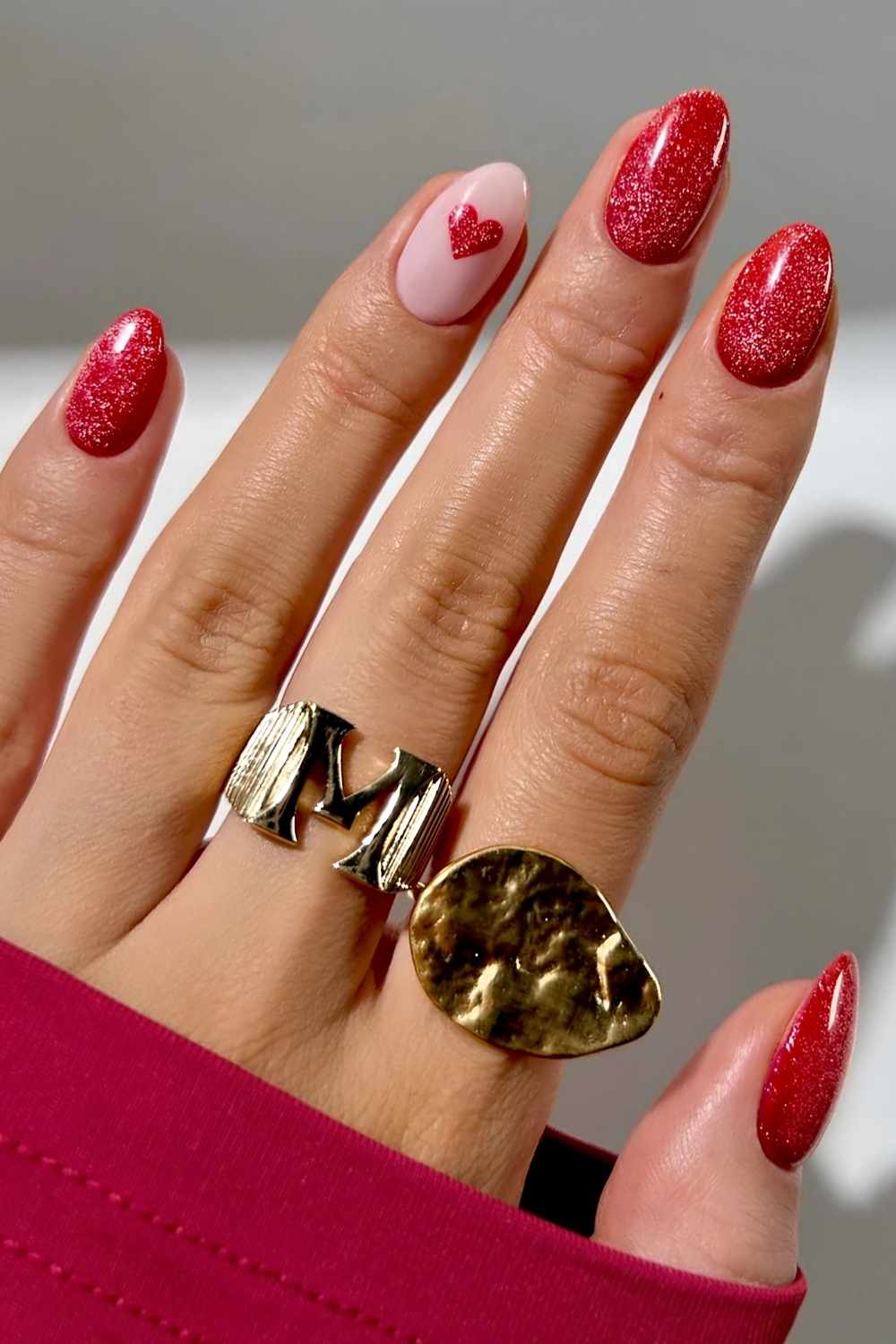 Red velvet nails with accent heart