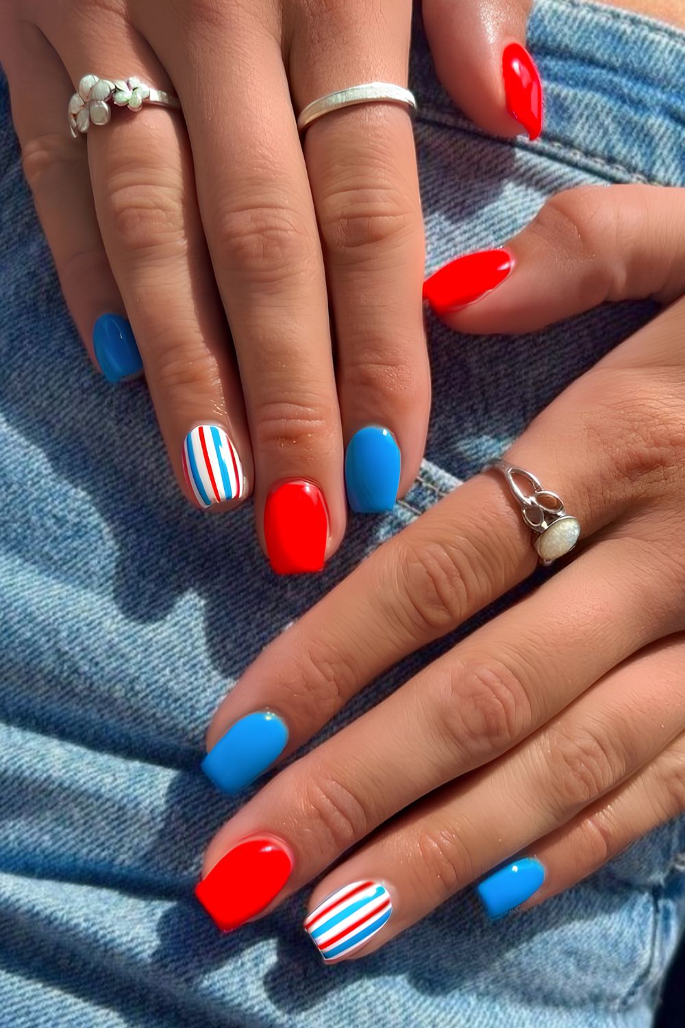 Red white and blue nails with stripes