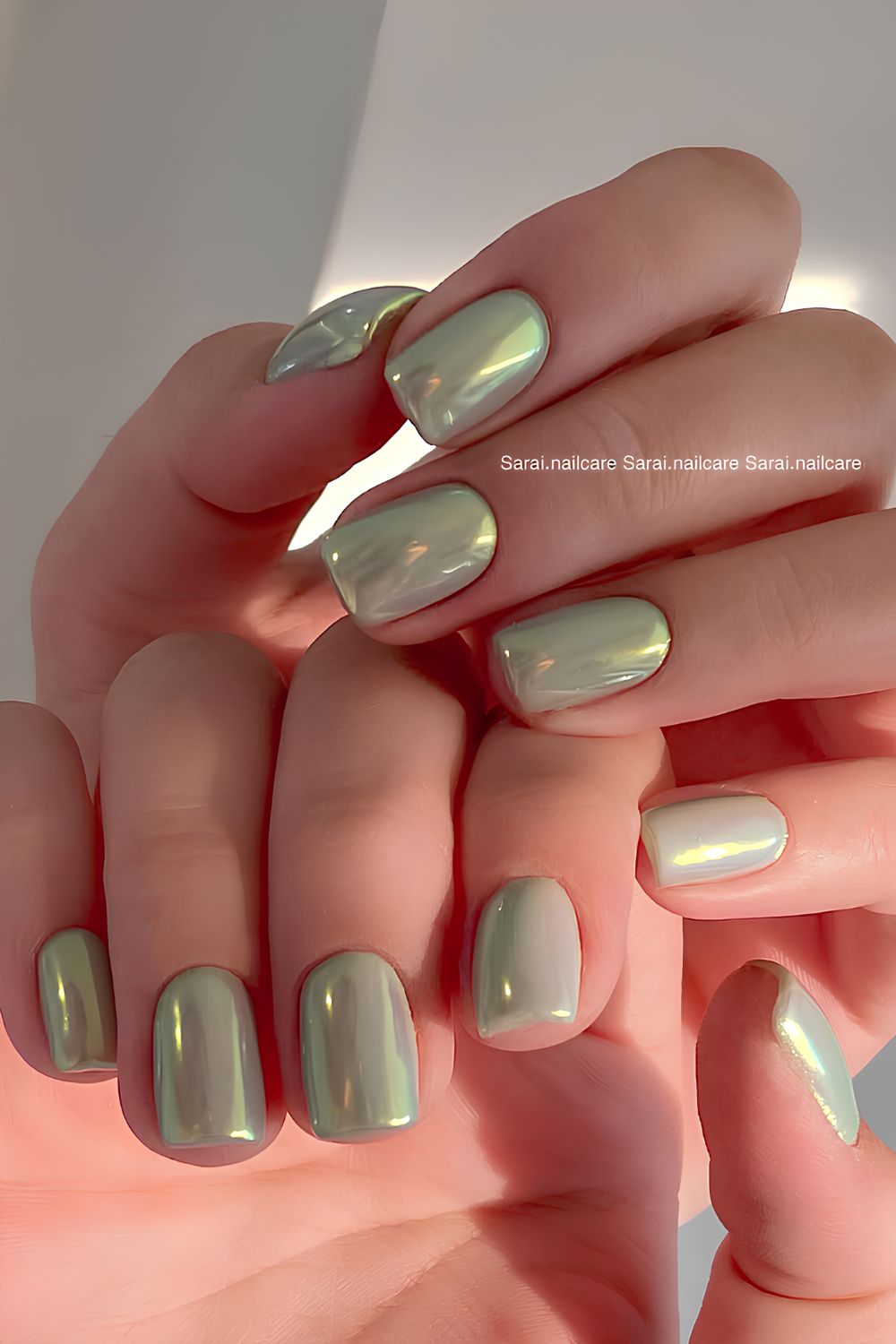 Sage green chrome manicure
