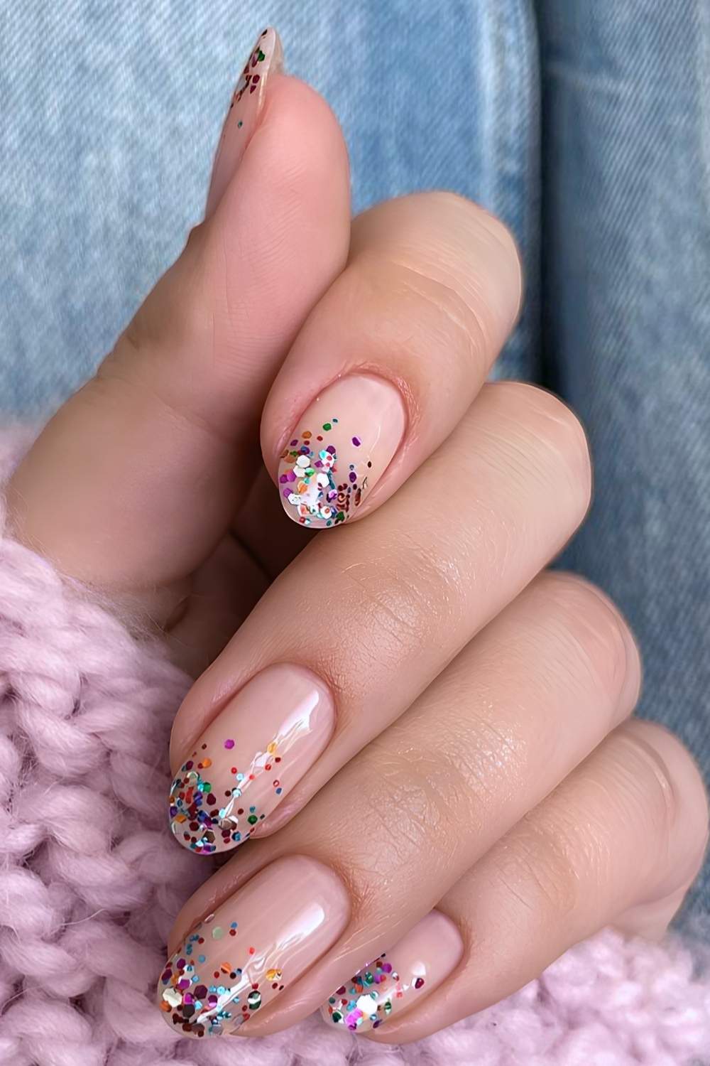 Sheer nails with confetti inspired glitter