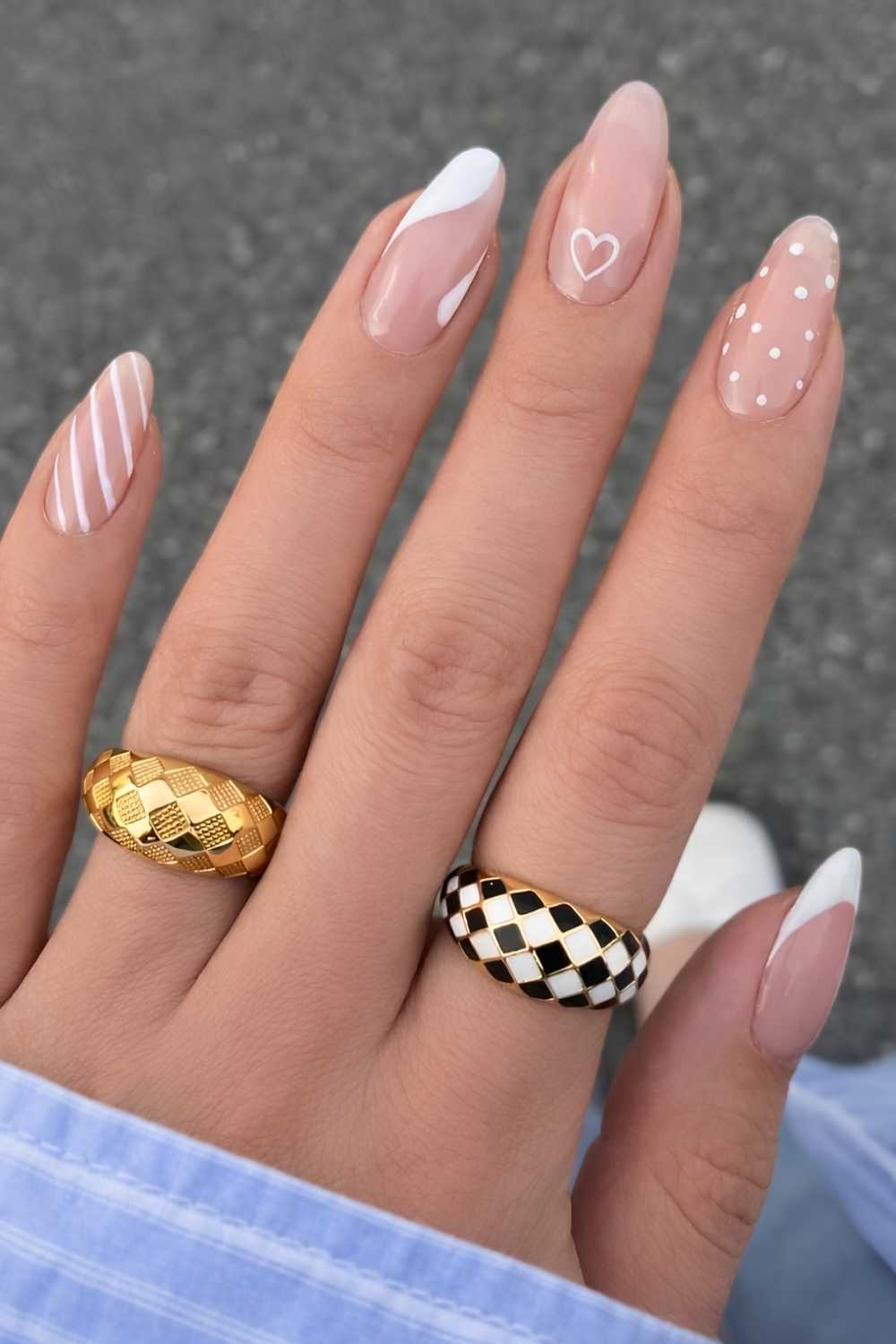 Sheer nails with white hearts and dots
