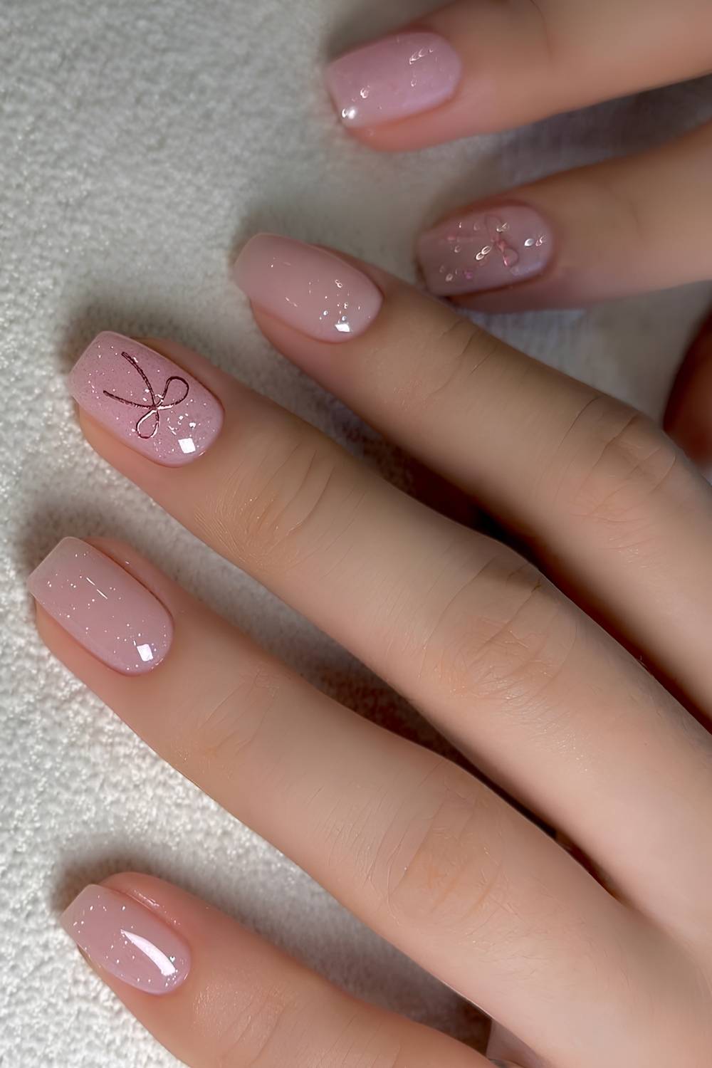 Shimmery pink mani with bow art