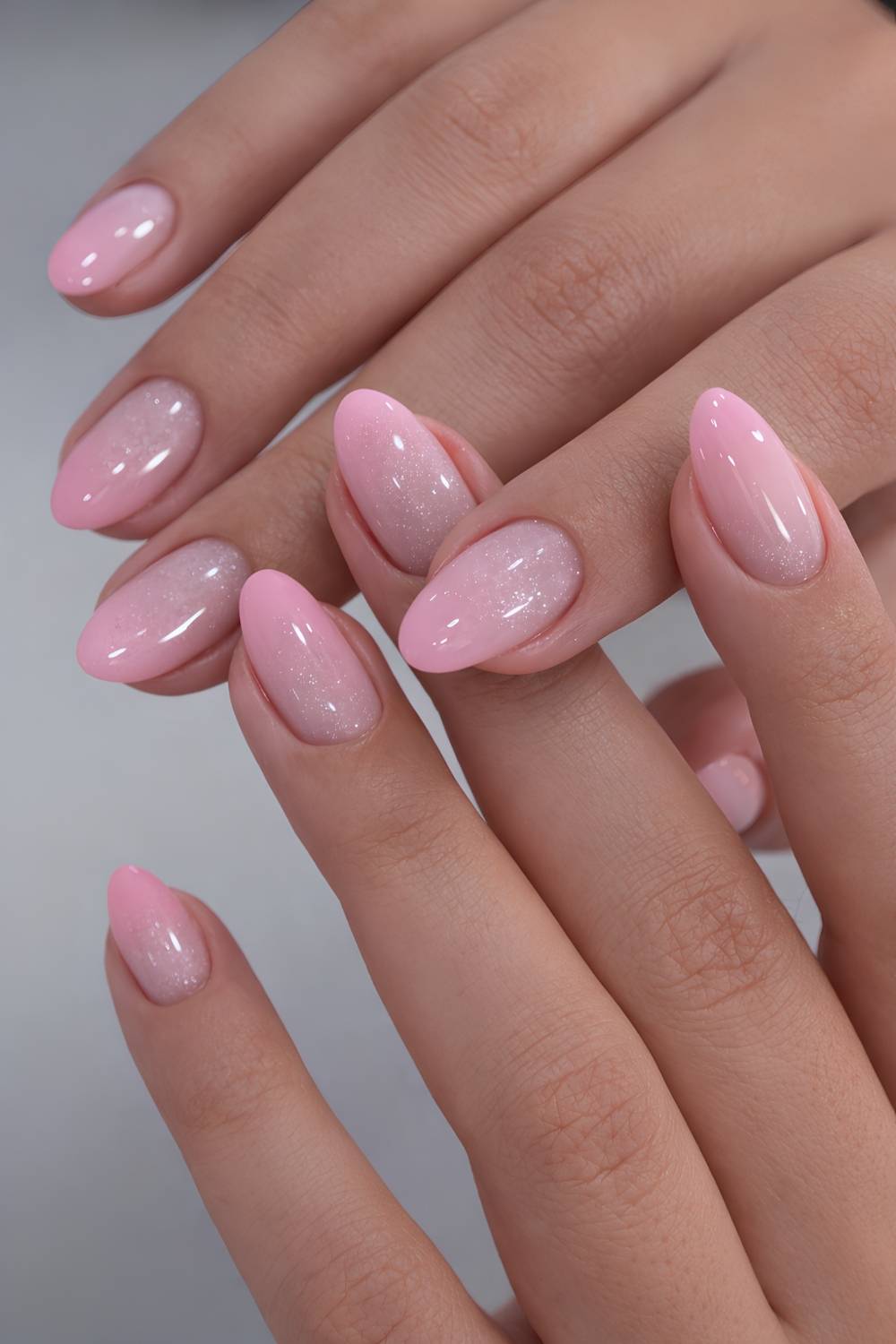 Shimmery pink to white ombre nails