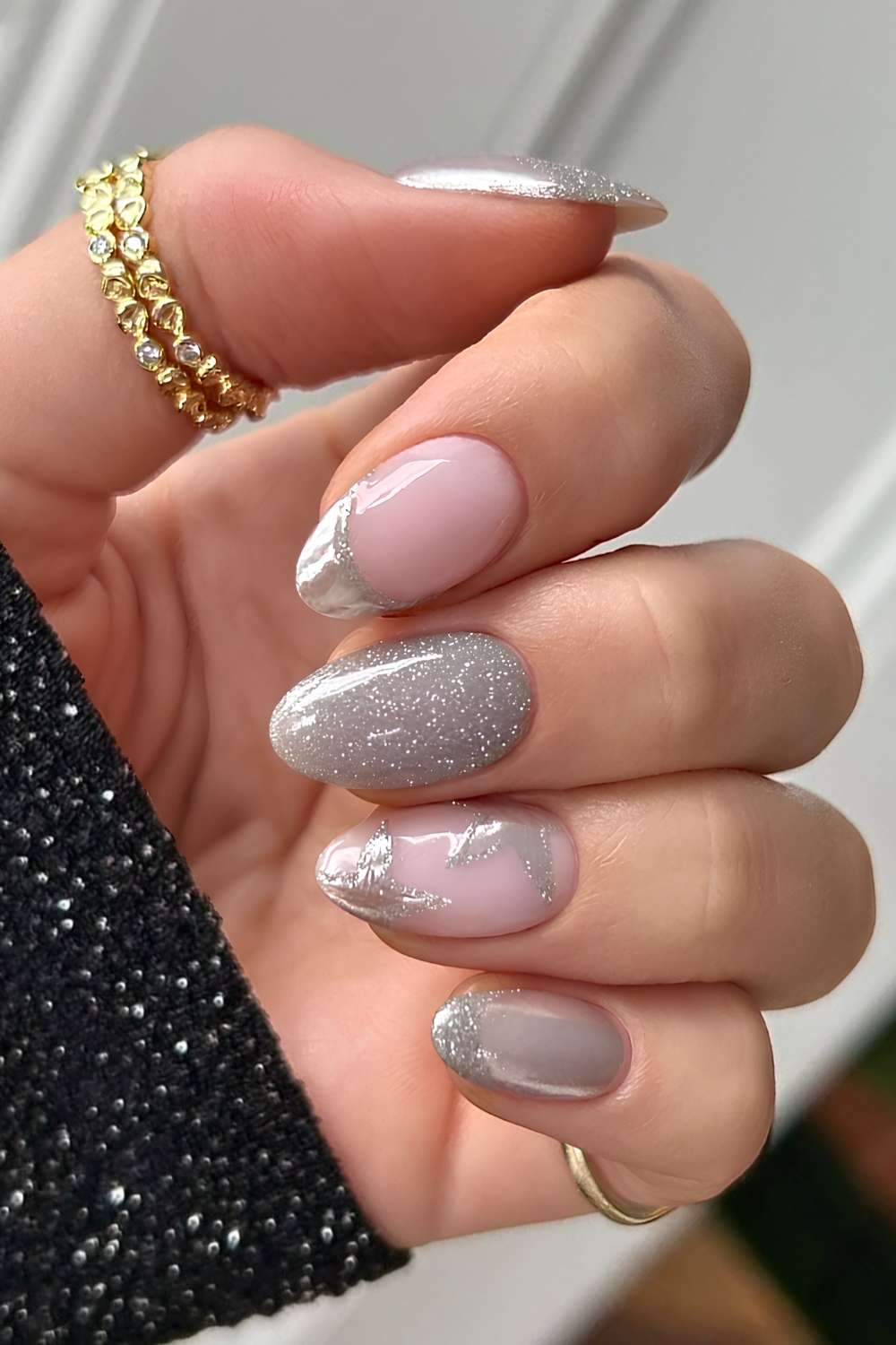 Shimmery silver nails with star art