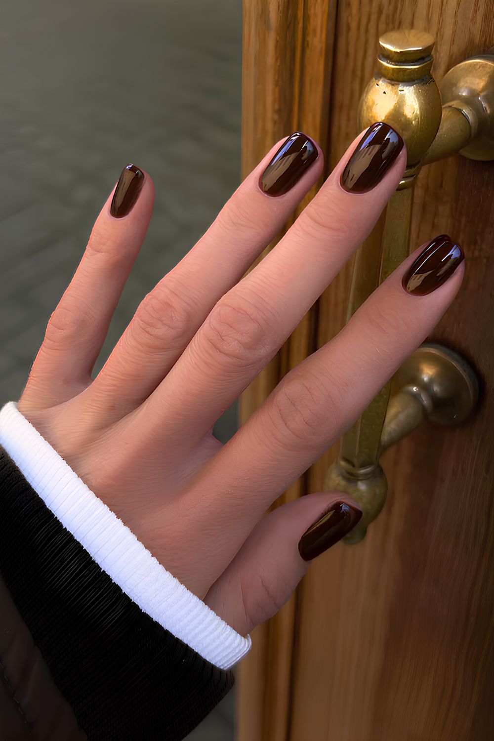 Short and glossy deep brown manicure