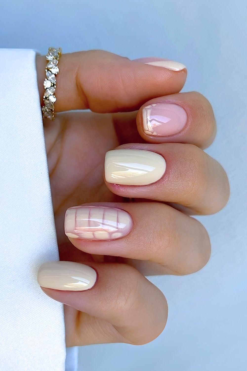 Short butter yellow nails with croc print accent