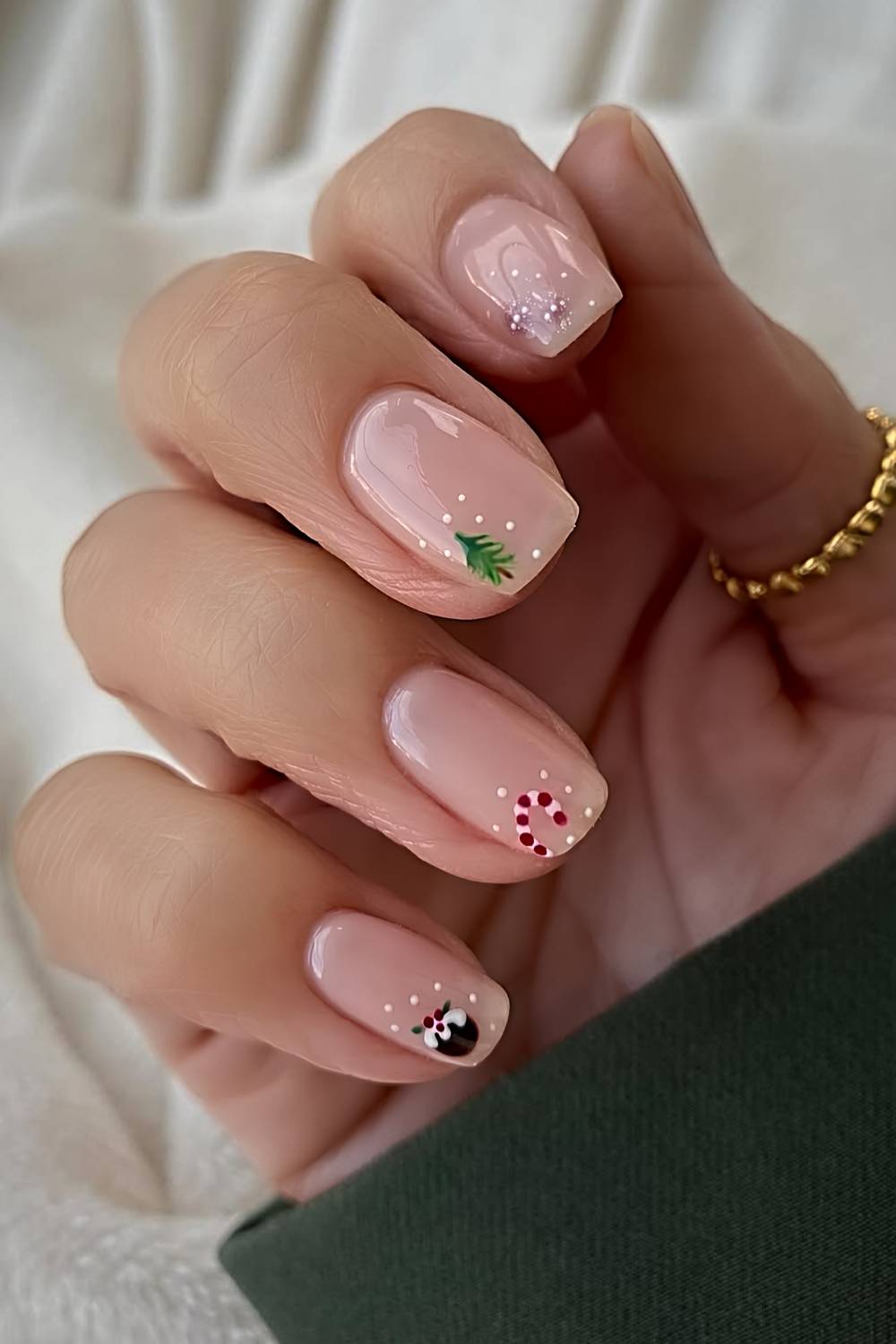 Short milky nails with micro Christmas art