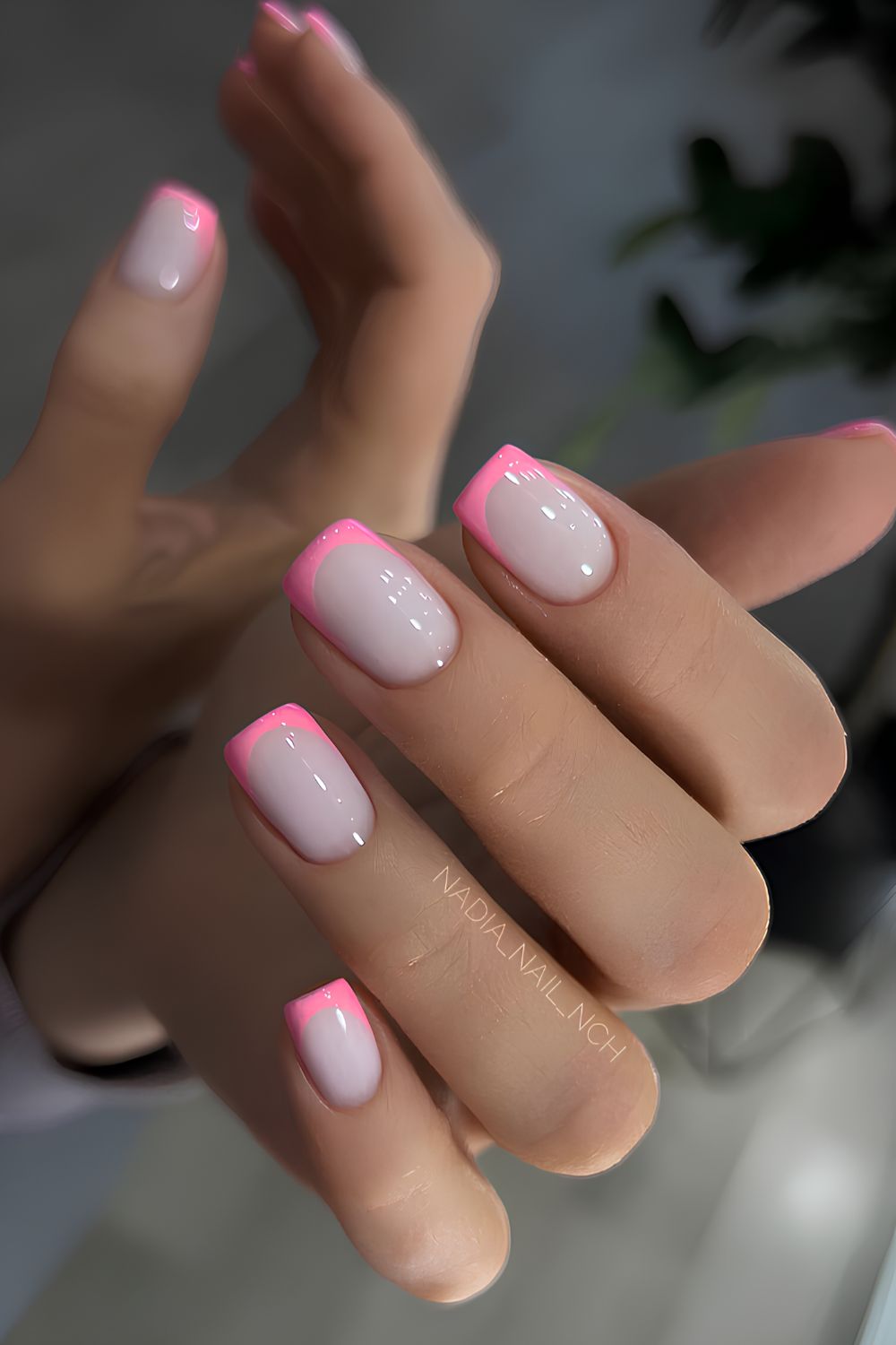 Short pink French nails on a milky white base
