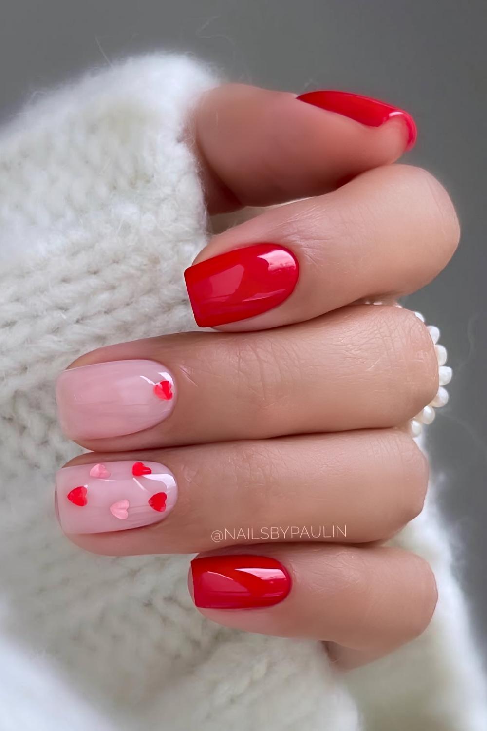 Short red mani with micro hearts