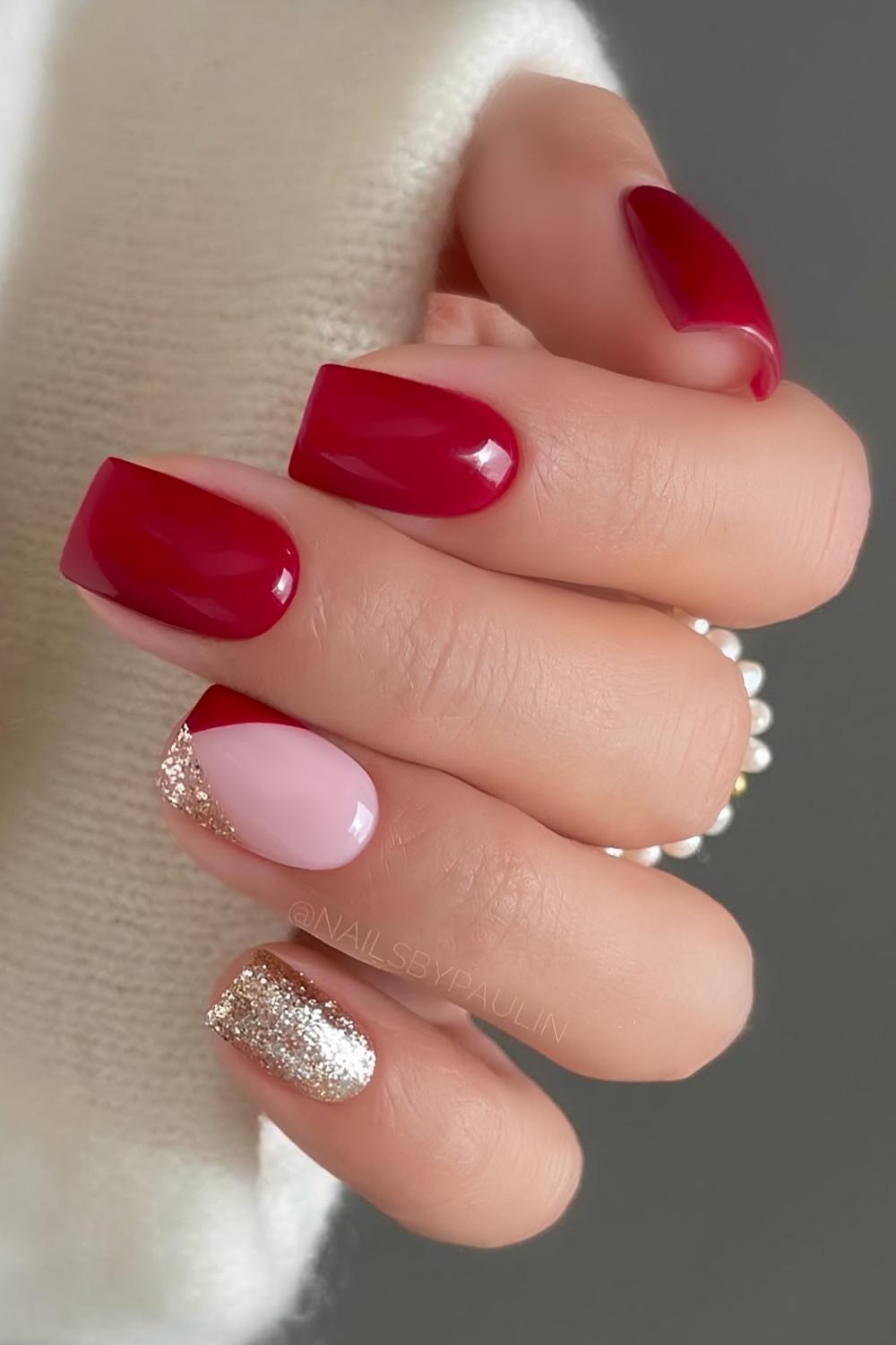 Short red nails with gold glitter details