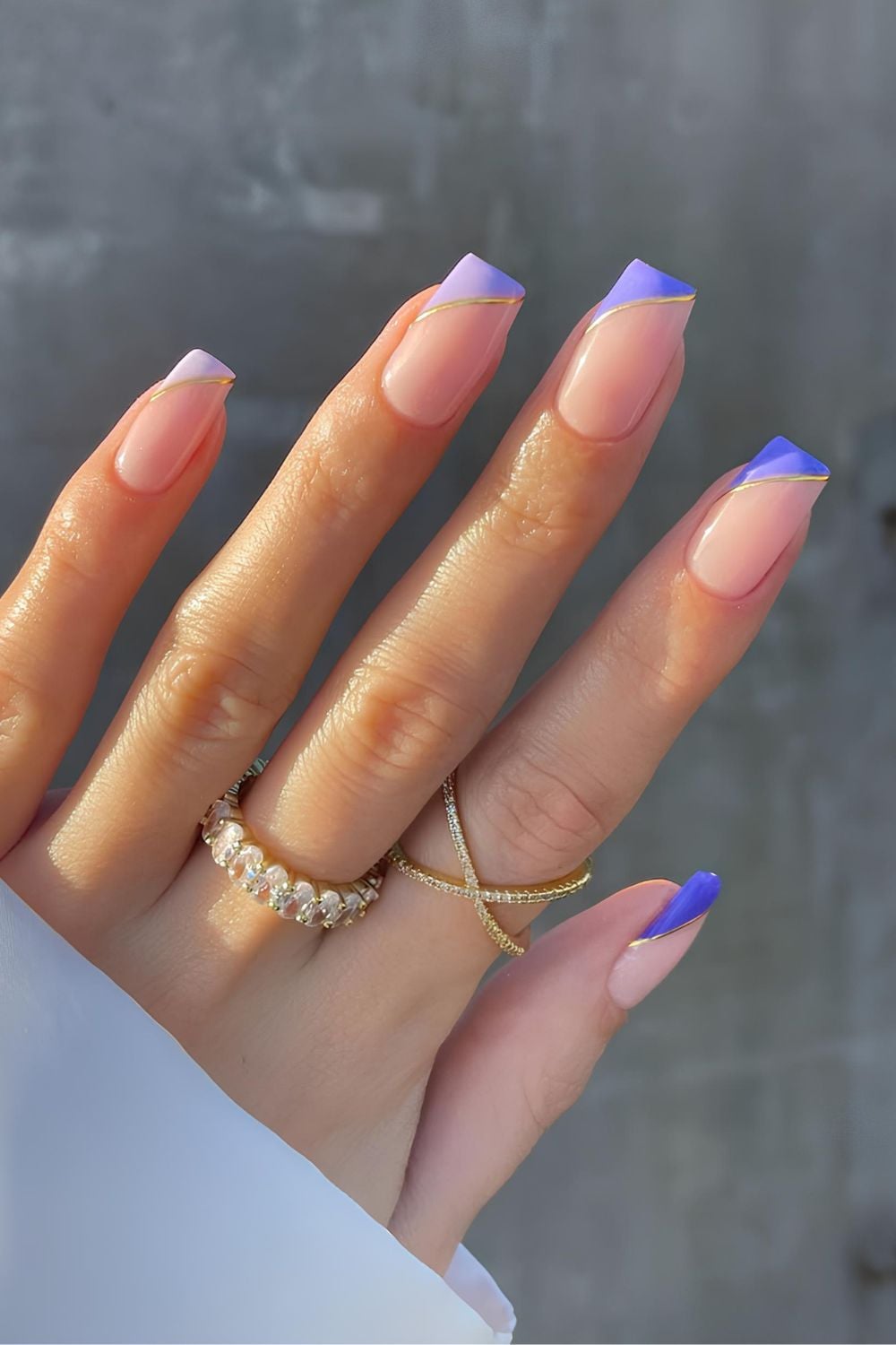 Side purple French nails with gold lines