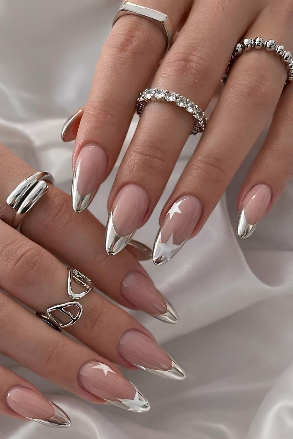 Silver French nails with white star art