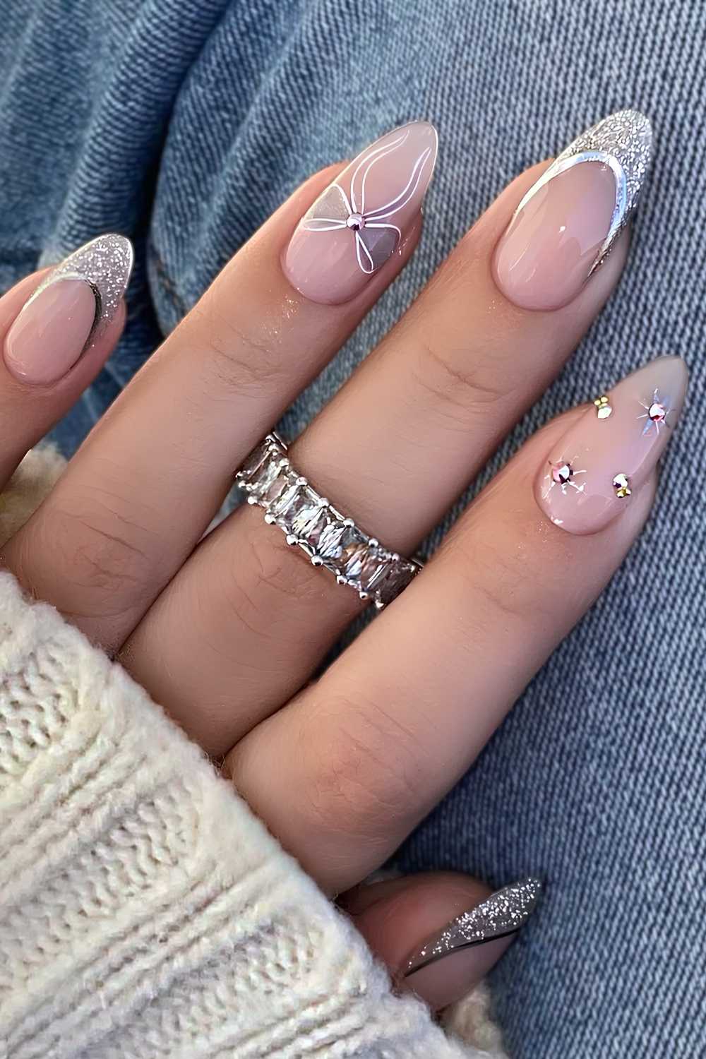 Silver glitter French with gems and bows
