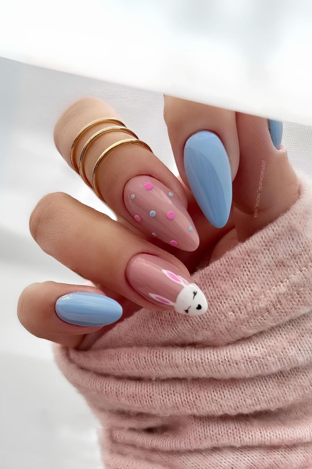 Sky Blue and neutral nails with bunny and dot accents