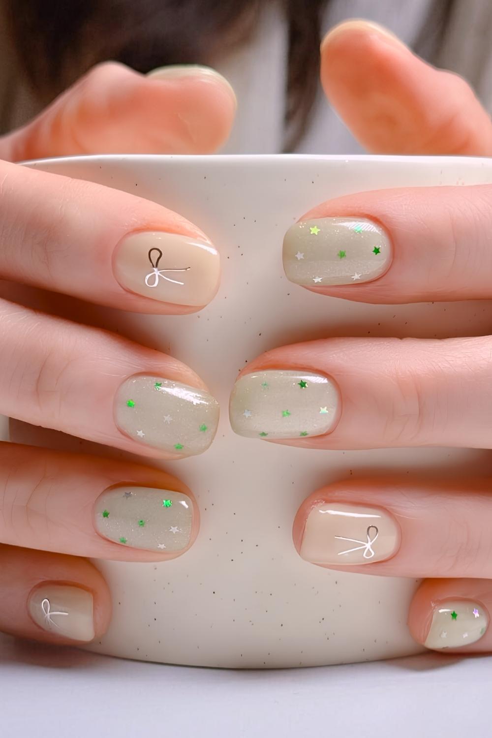 Sparkly light green Christmas nails