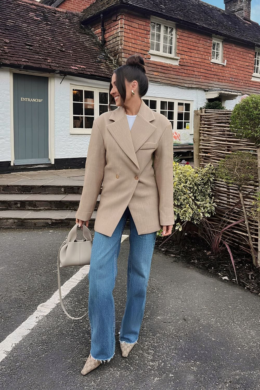 Structured beige blazer and wide leg jeans