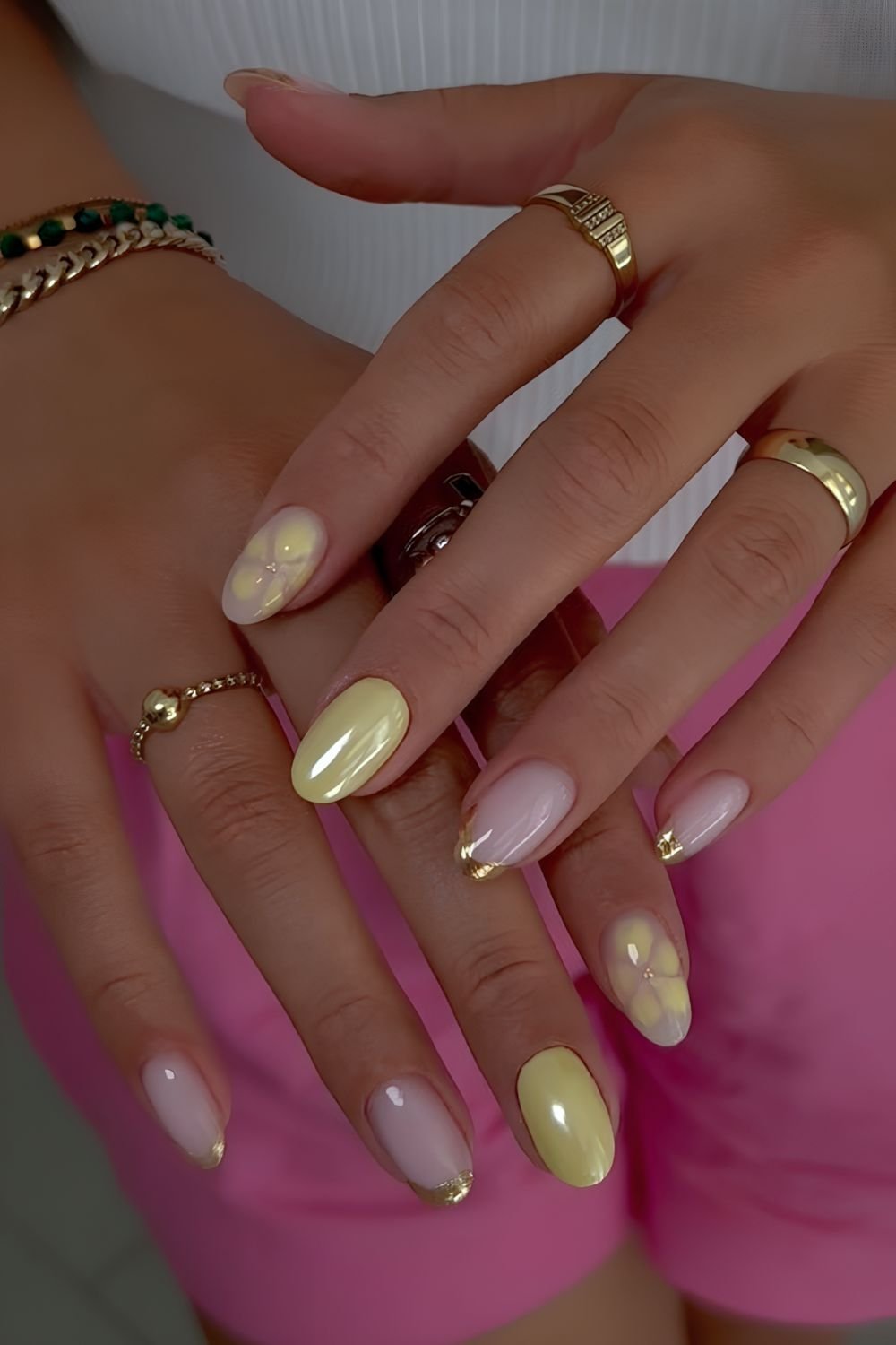 Sunny yellow glazed nails and gold French tips