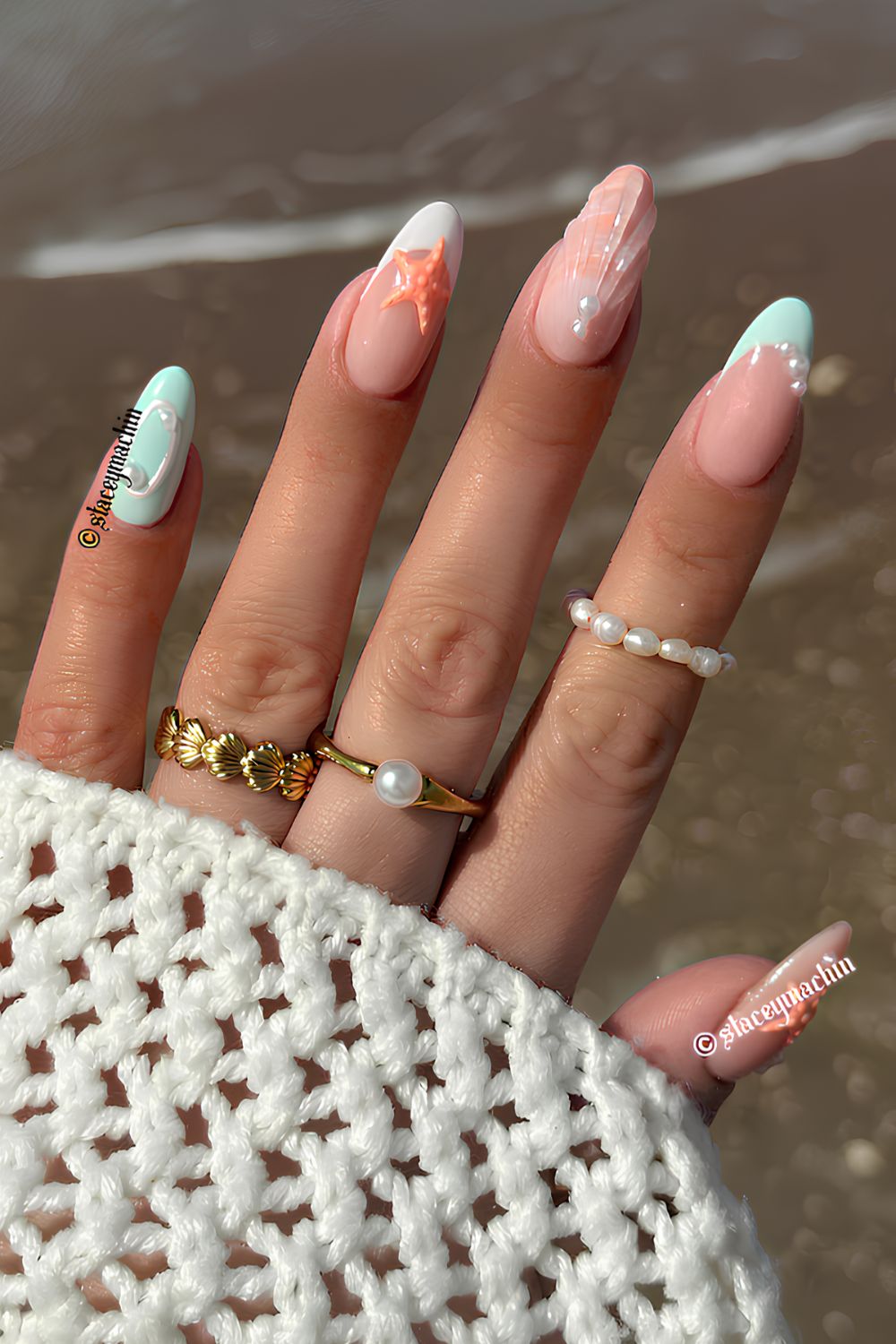 Turquoise blue nails with beach charms