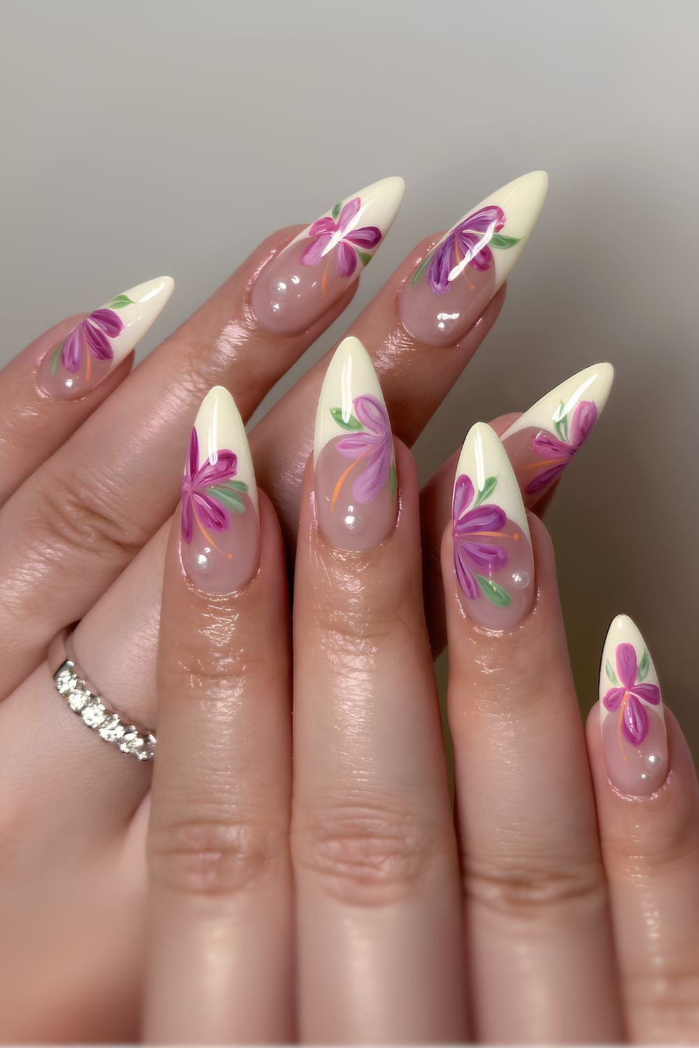 Vanilla French mani with bold floral art