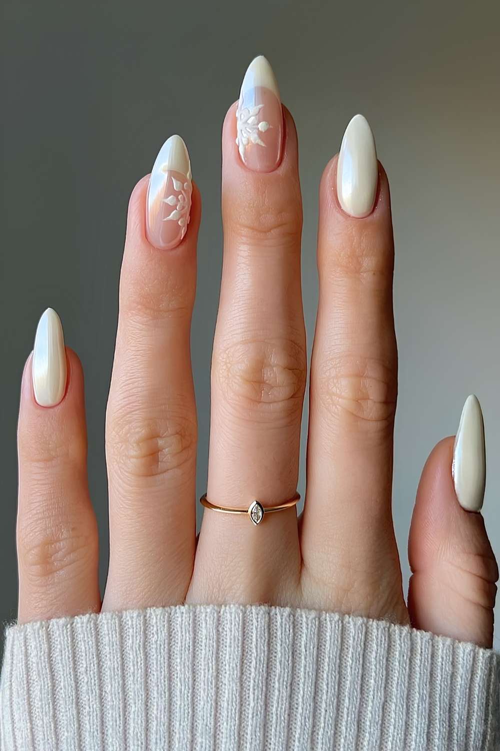 Vanilla chrome nails with snowflake art