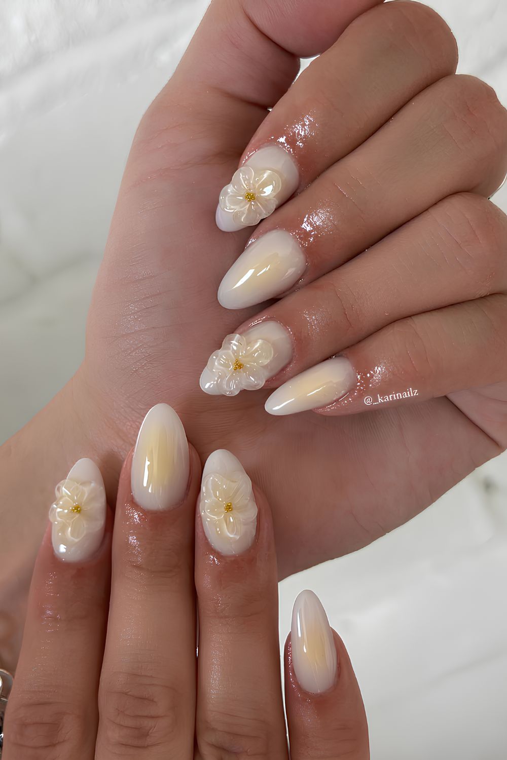 Vanilla nails with aura and 3d floral art