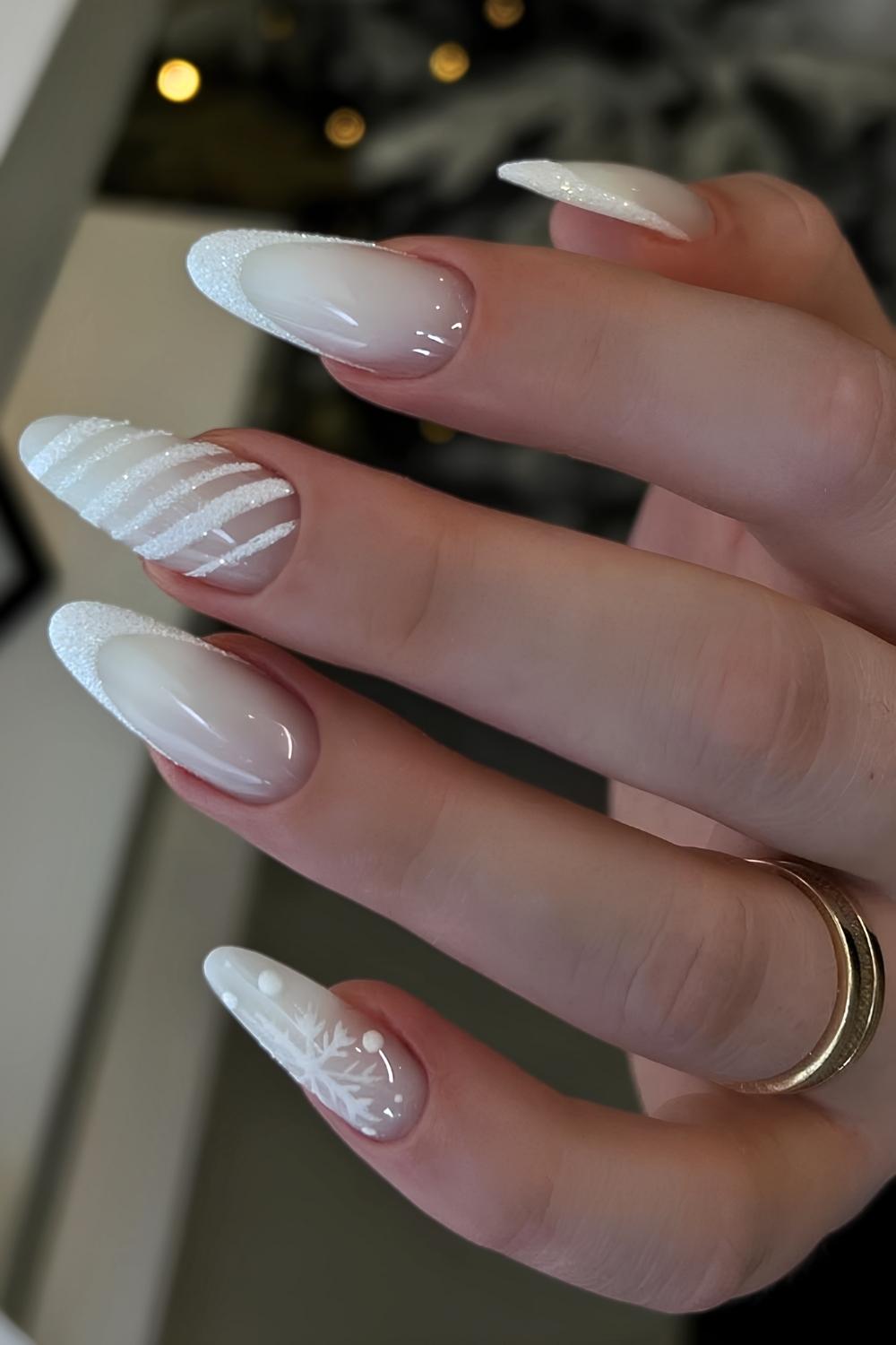 White Christmas French tips with glitter and stripes