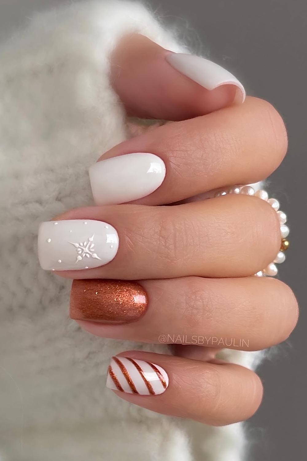 White Christmas mani with copper glitter details