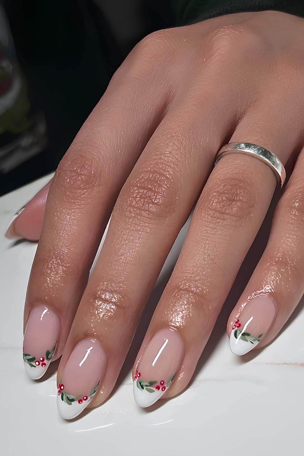 White French mani with Christmas holly art