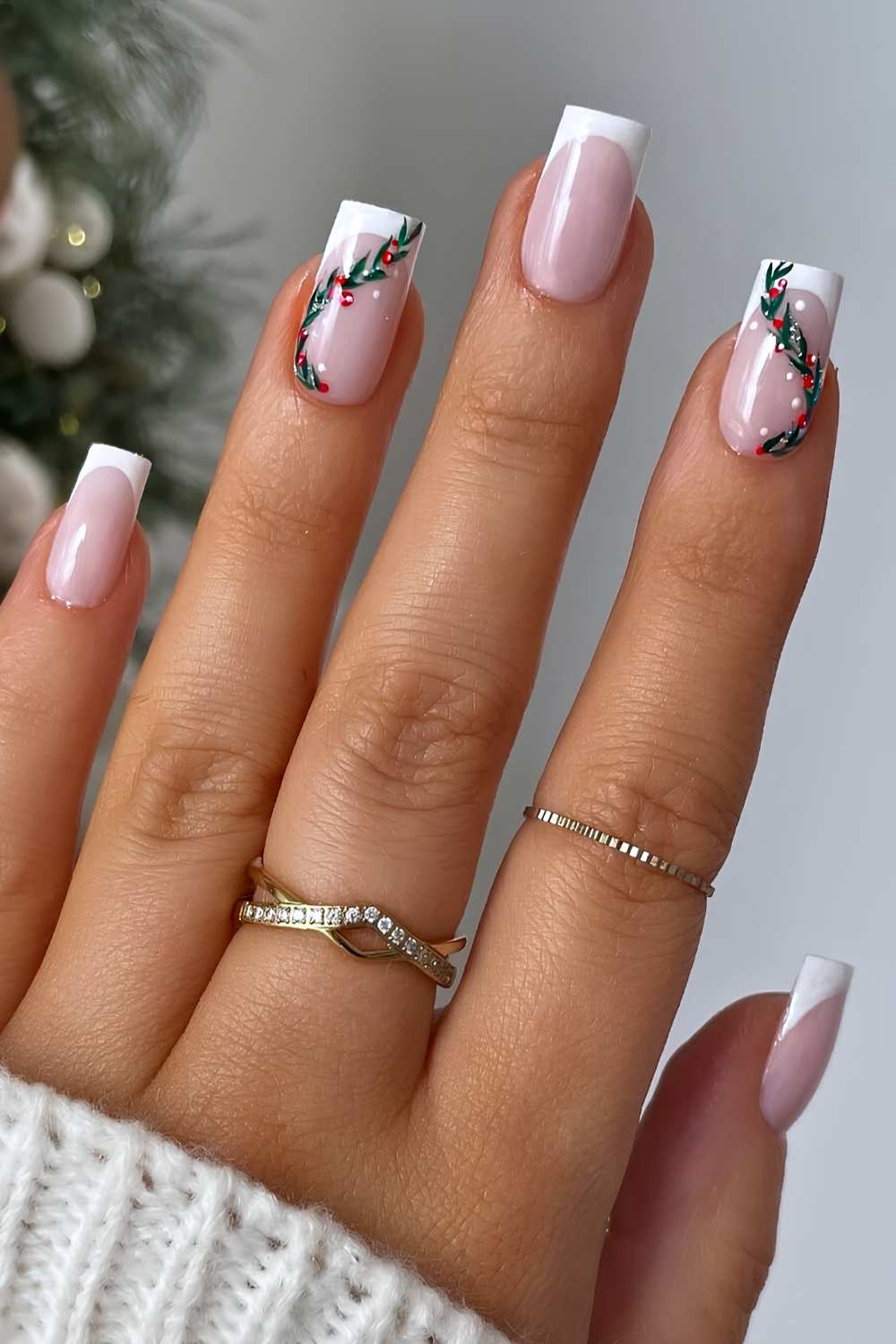 White French mani with Christmas holly art