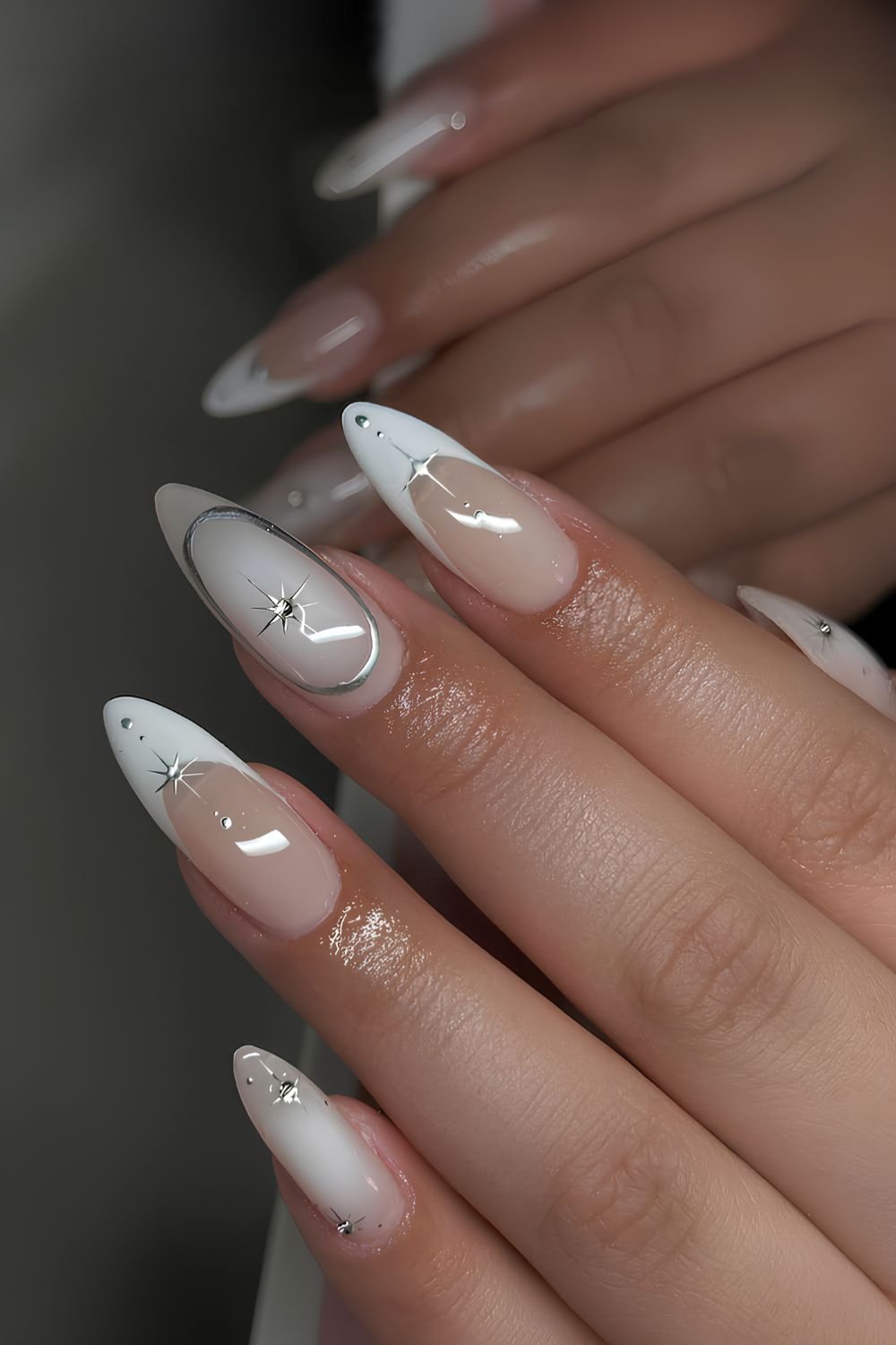 White French mani with aura and celestial accents