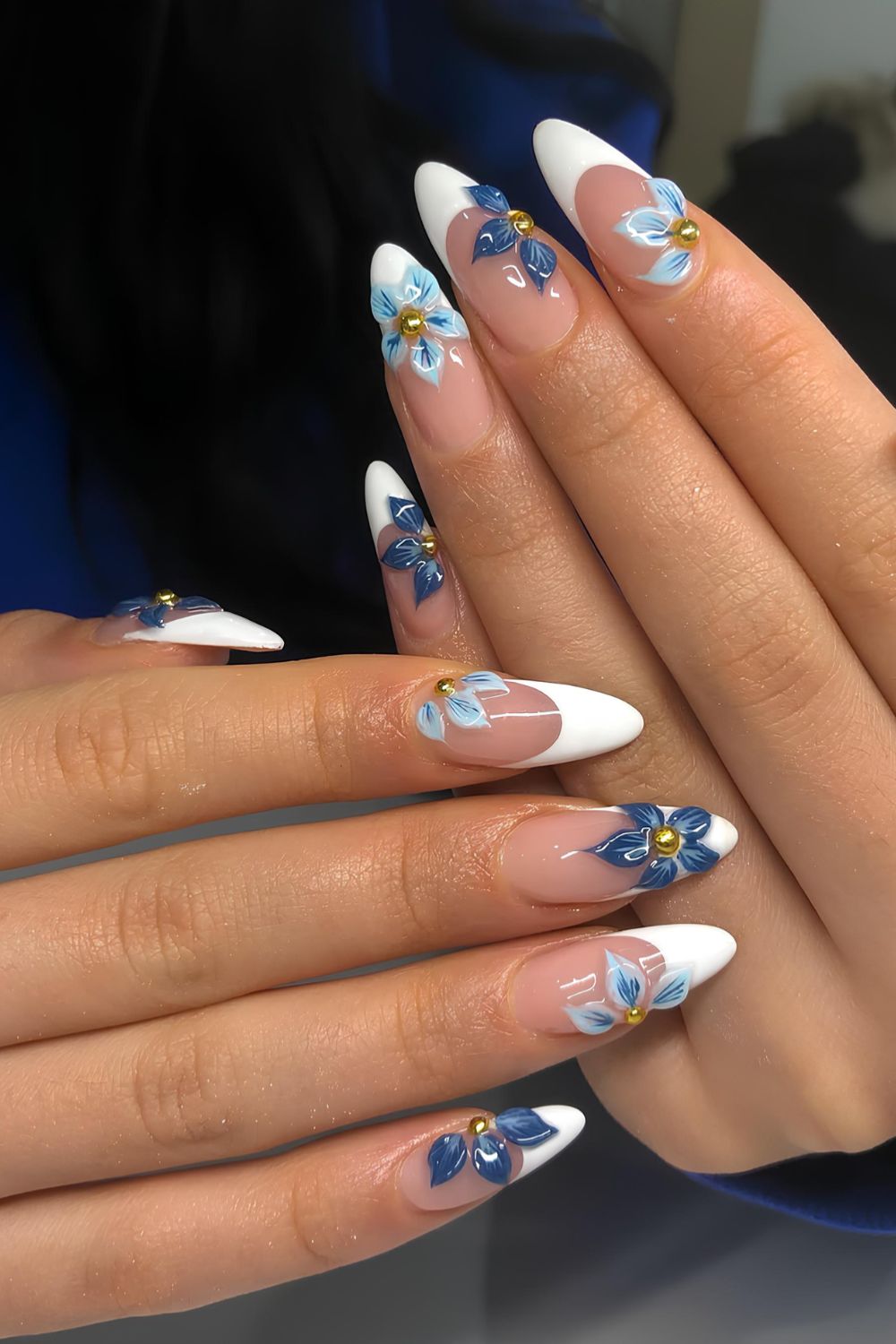 White French mani with blue 3D florals