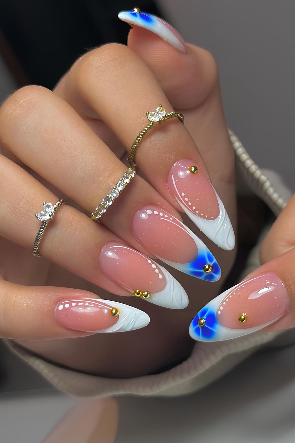 White French mani with blue florals