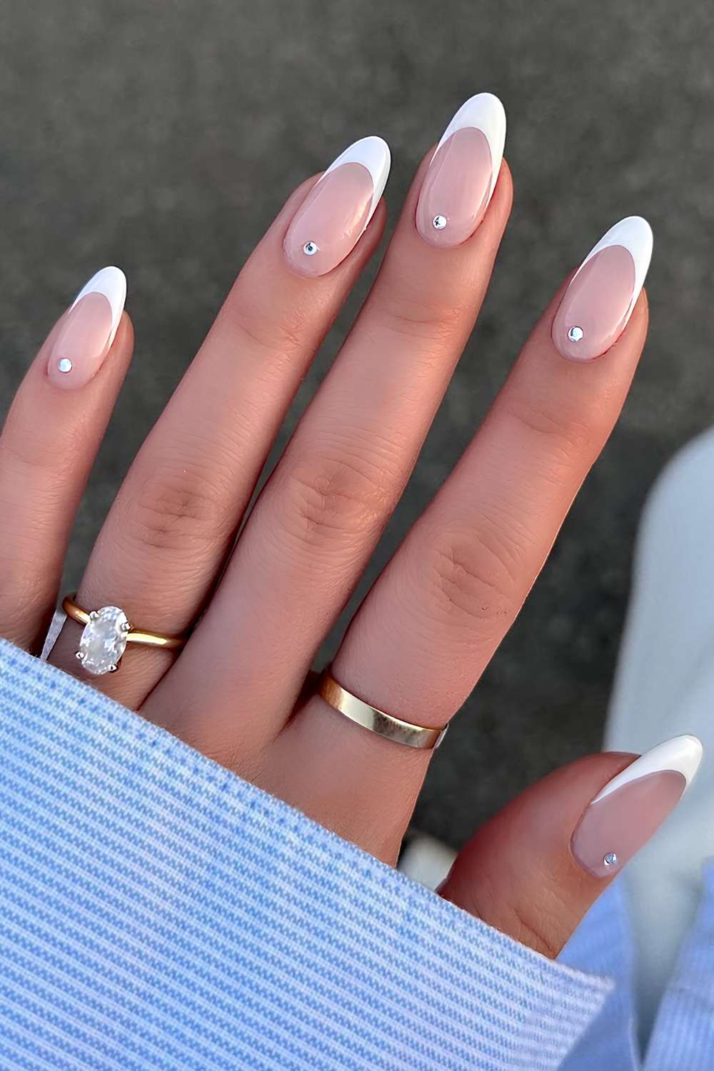 White French mani with cuticle gems