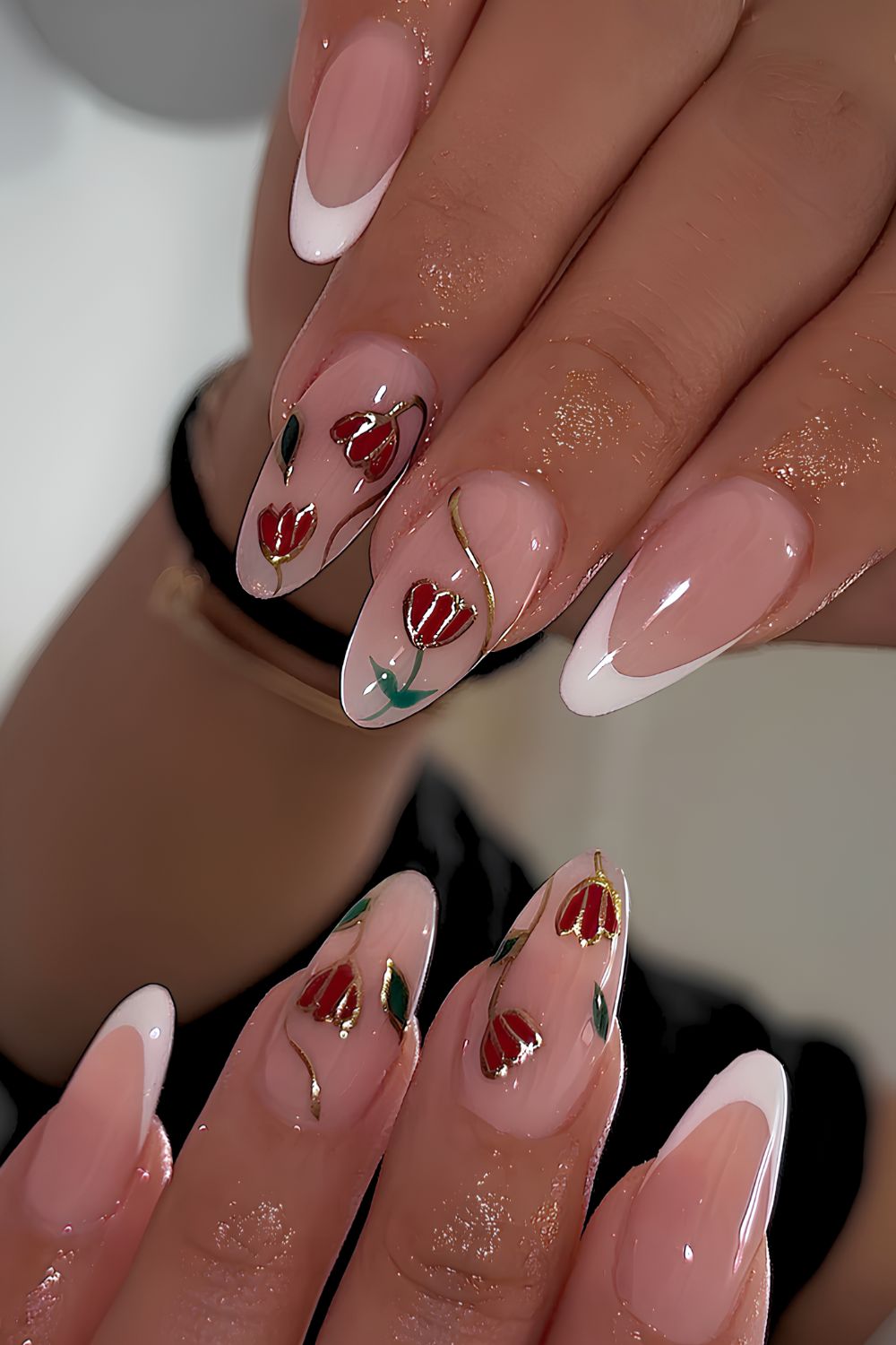 White French mani with flowers and chrome details
