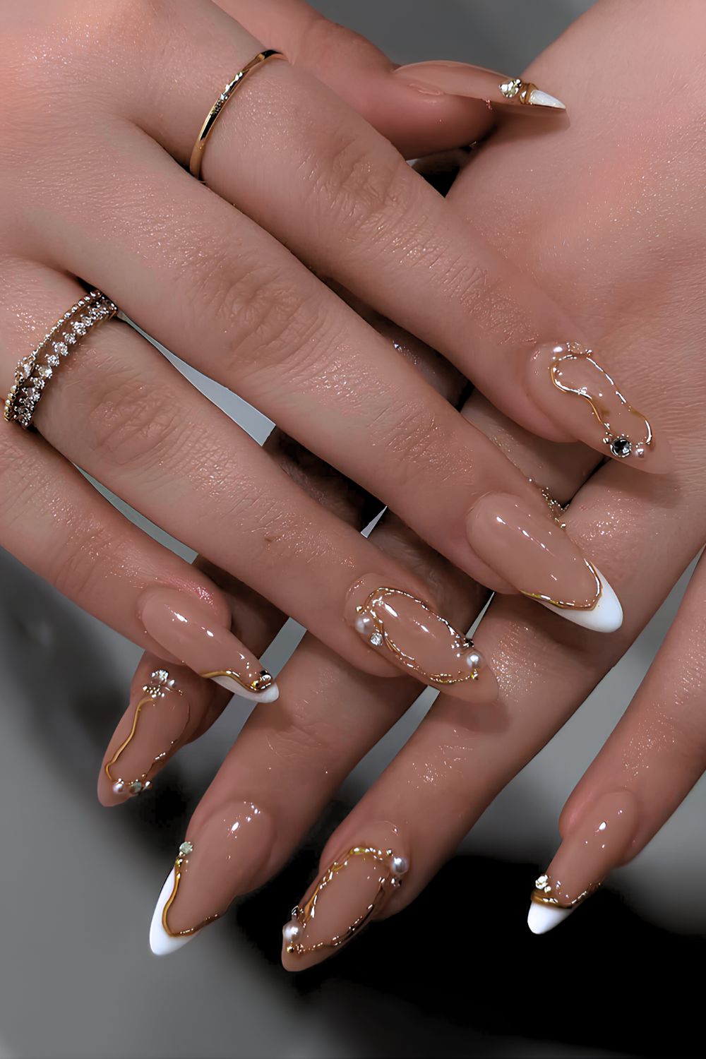 White French mani with gold and pearl details