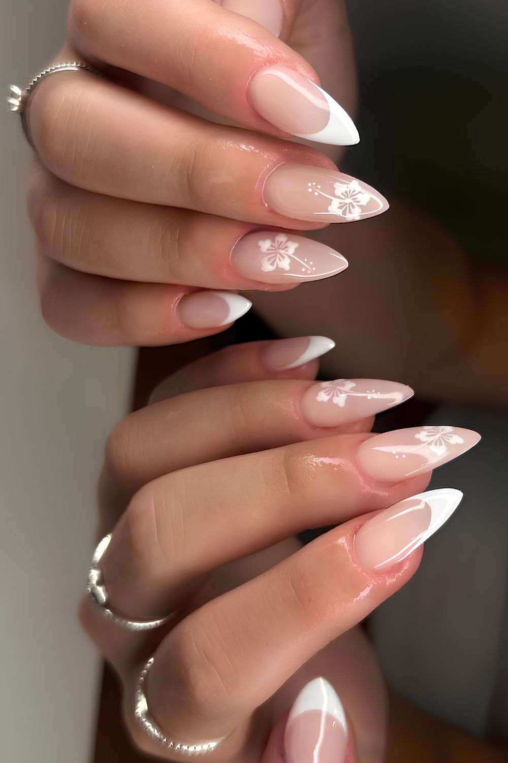 White French mani with hibiscus art
