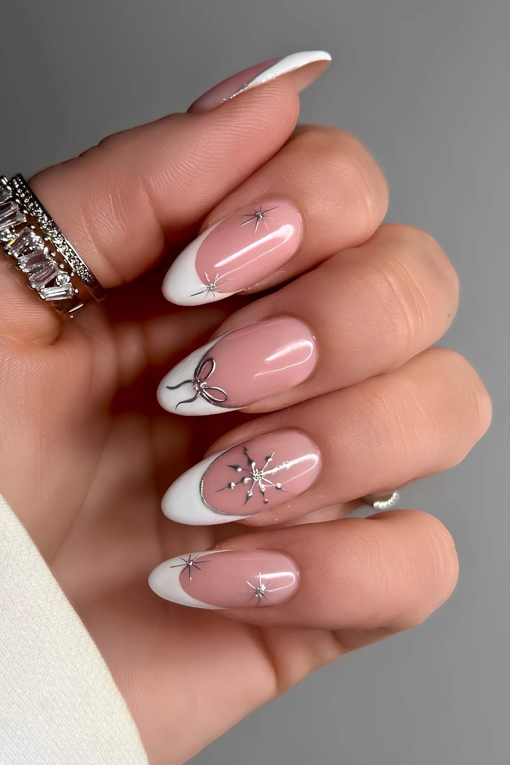 White French mani with silver Christmas art