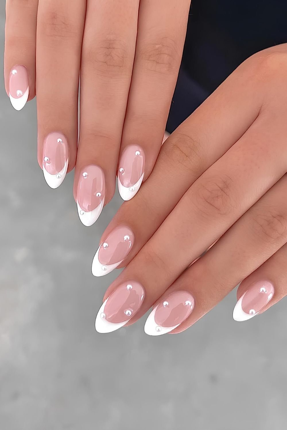 White French mani with stacked pearls
