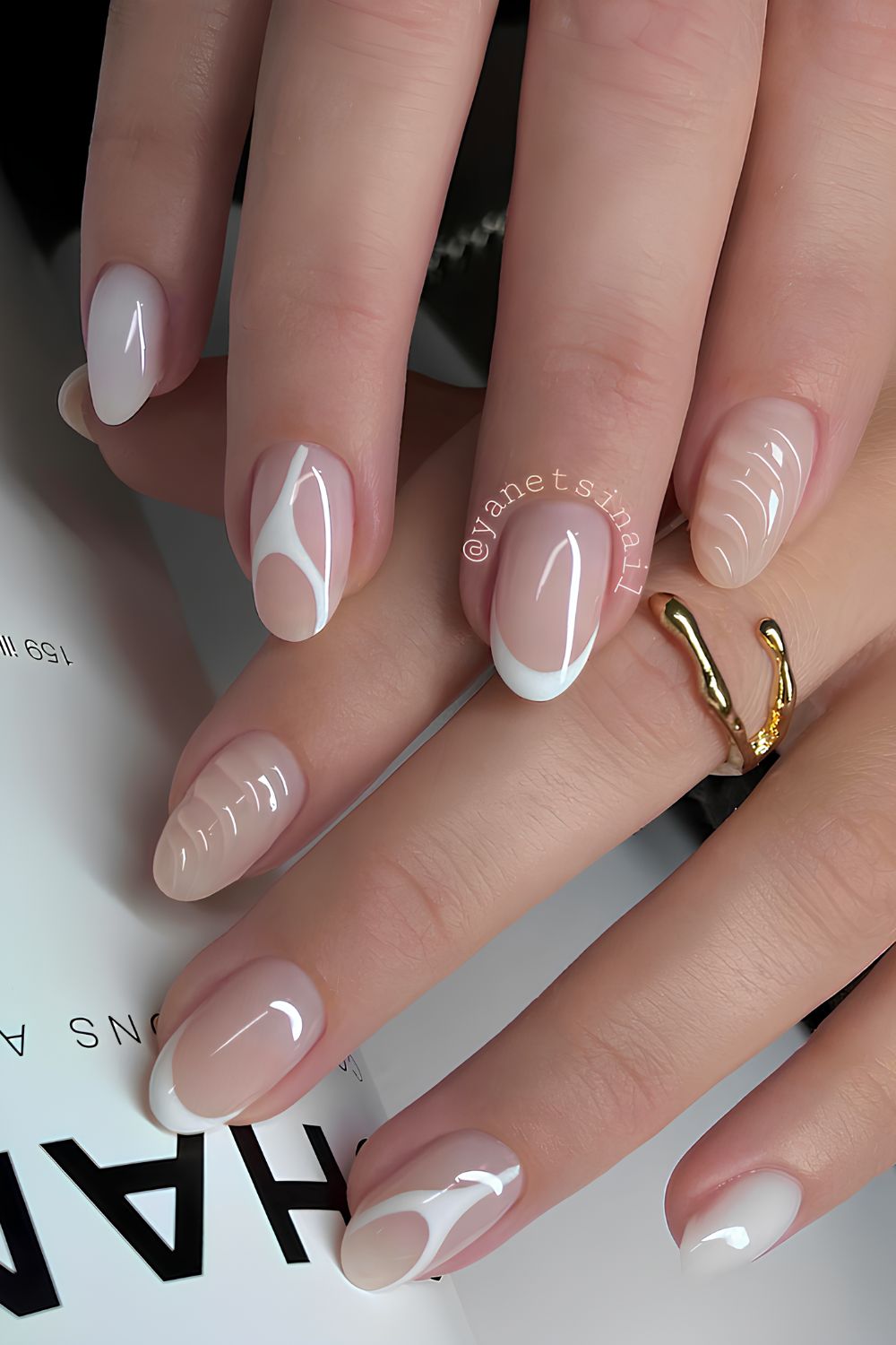 White French mani with swirls and 3d details
