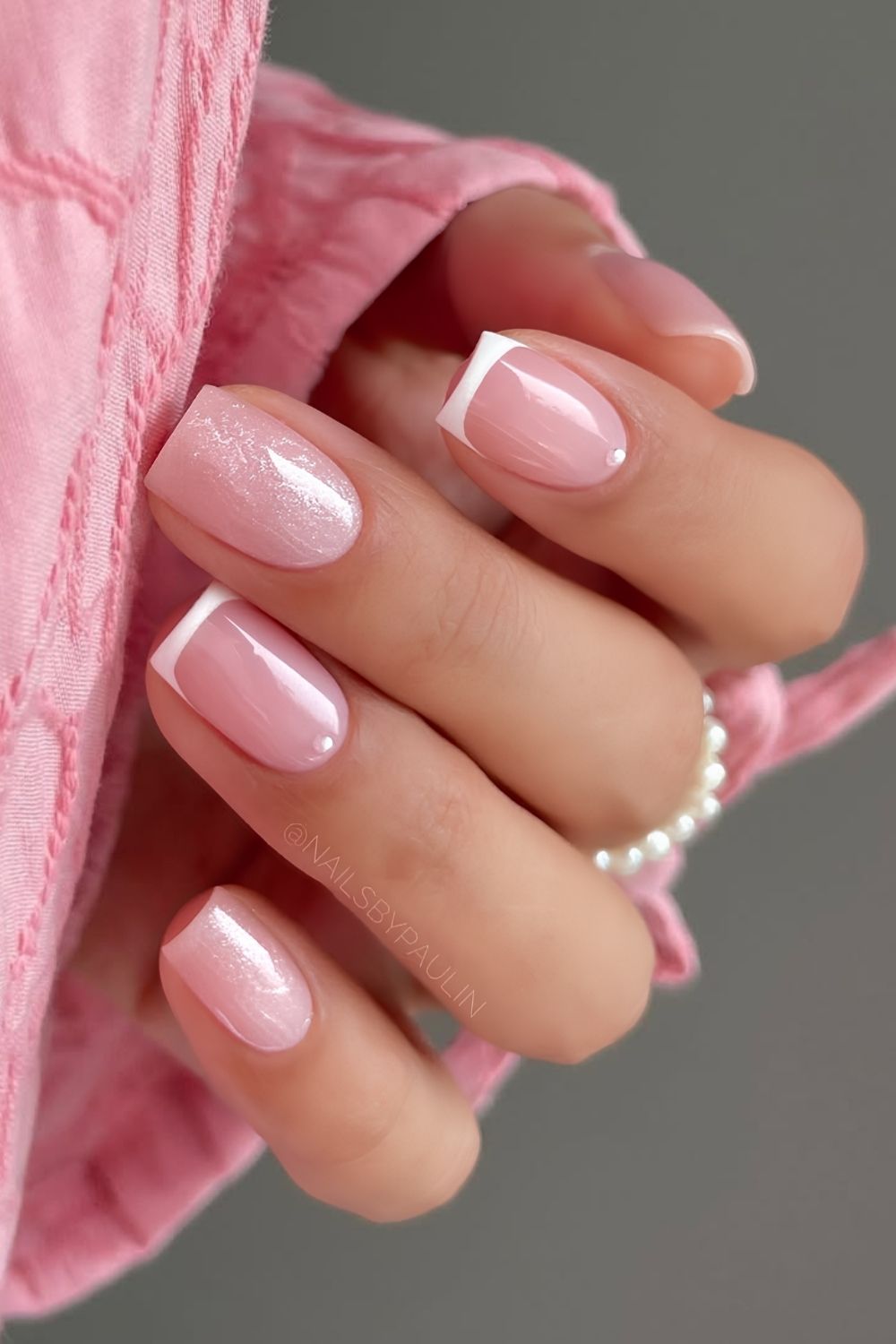 White French mani with tiny pearl accents