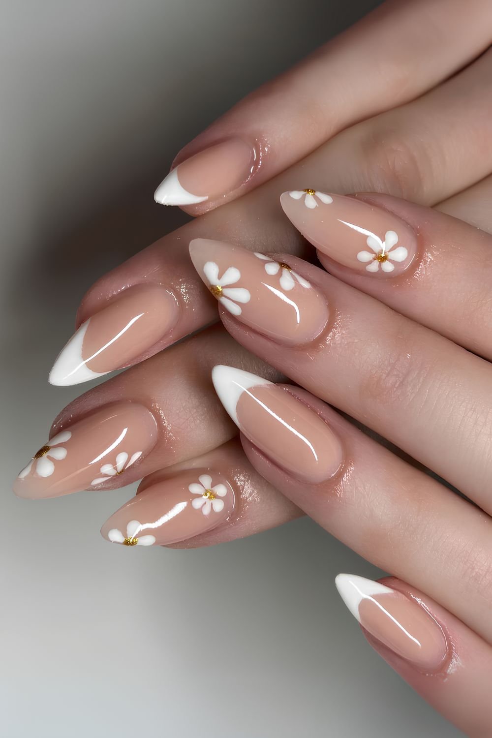 White French manicure with floral art