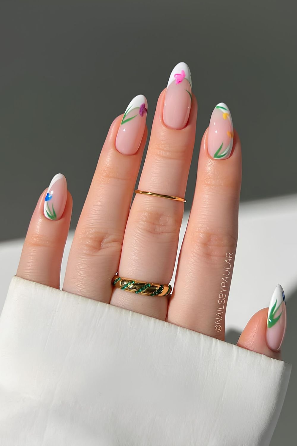 White French manicure with floral outlines
