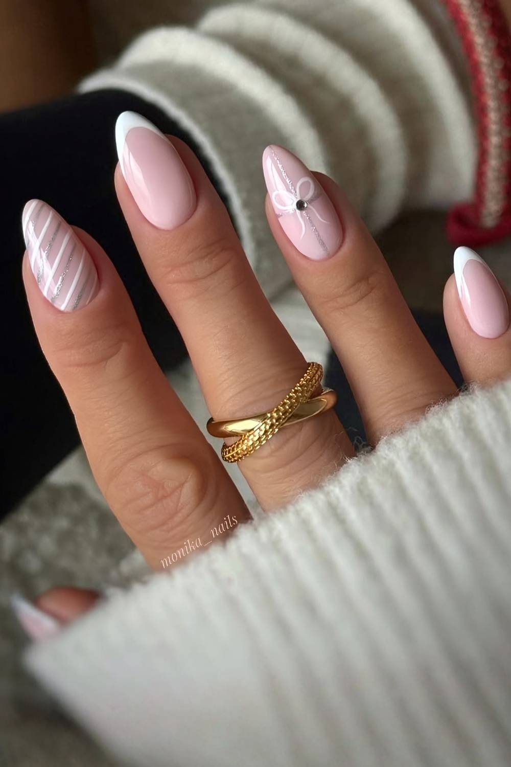 White French nails with Christmas-inspired details