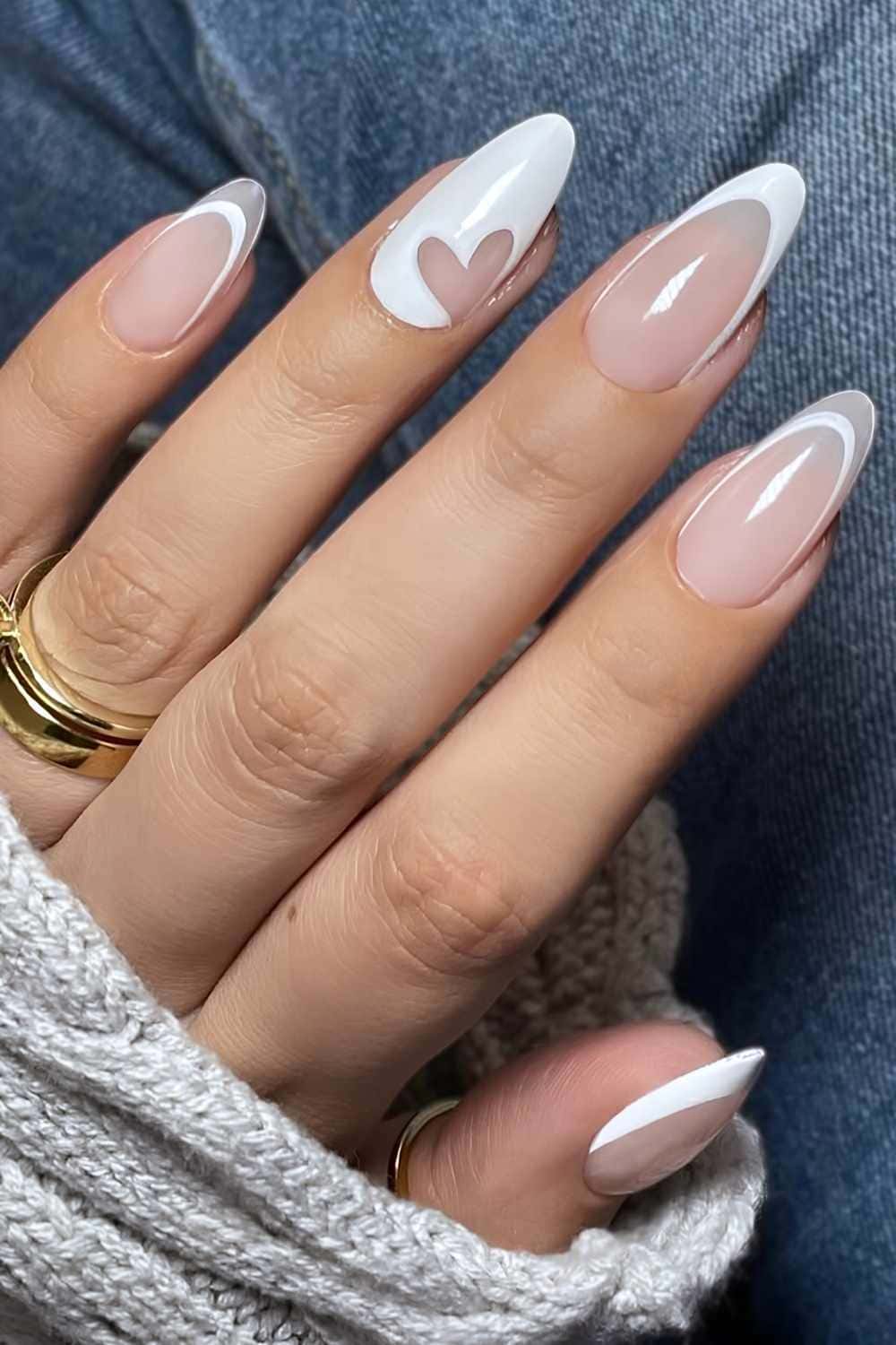 White French tips with negative space heart art
