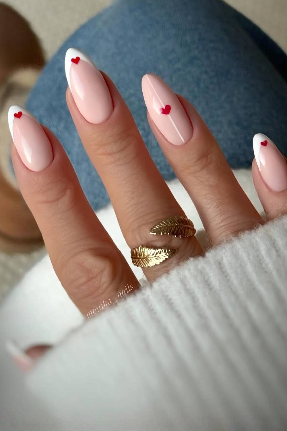 White French tips with red hearts