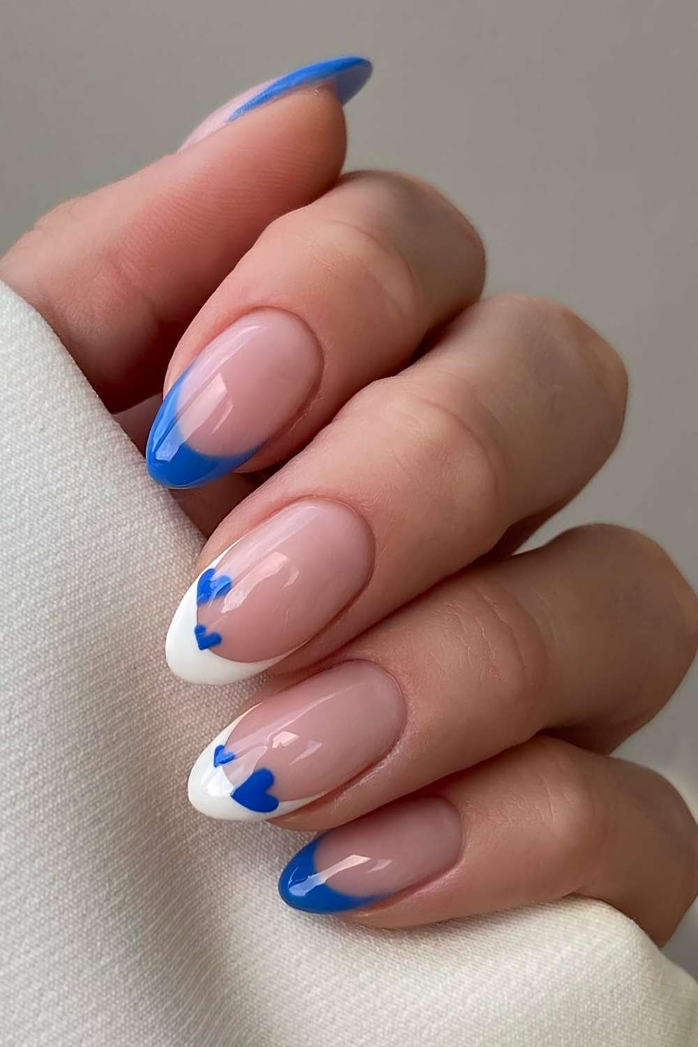 White and blue French tips with hearts